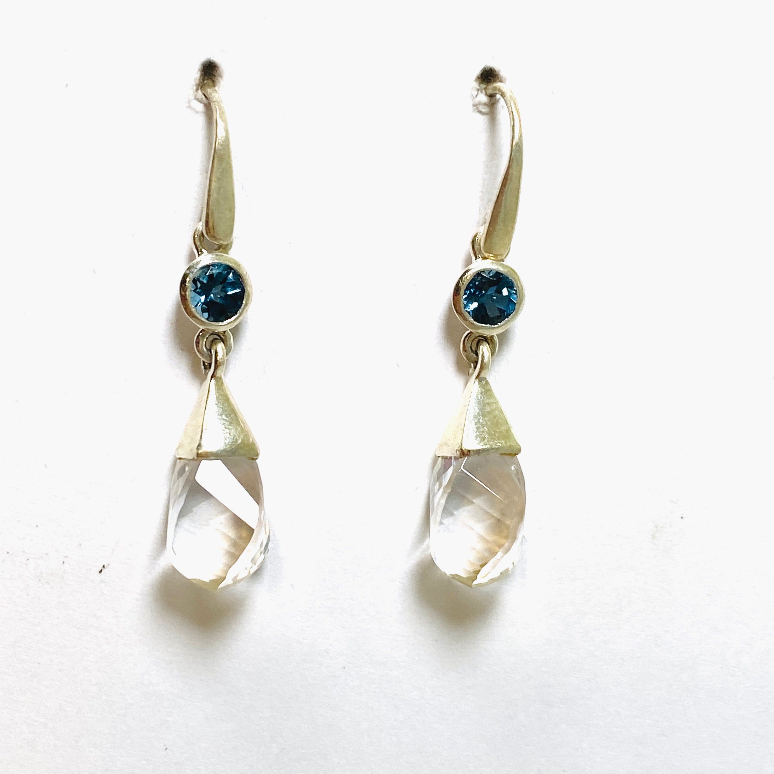 Blue Topaz & Clear Quartz Briolette Faceted Earrings - Elegant Dangle Jewelry for Women - Perfect for Weddings, Parties & Special Occasions