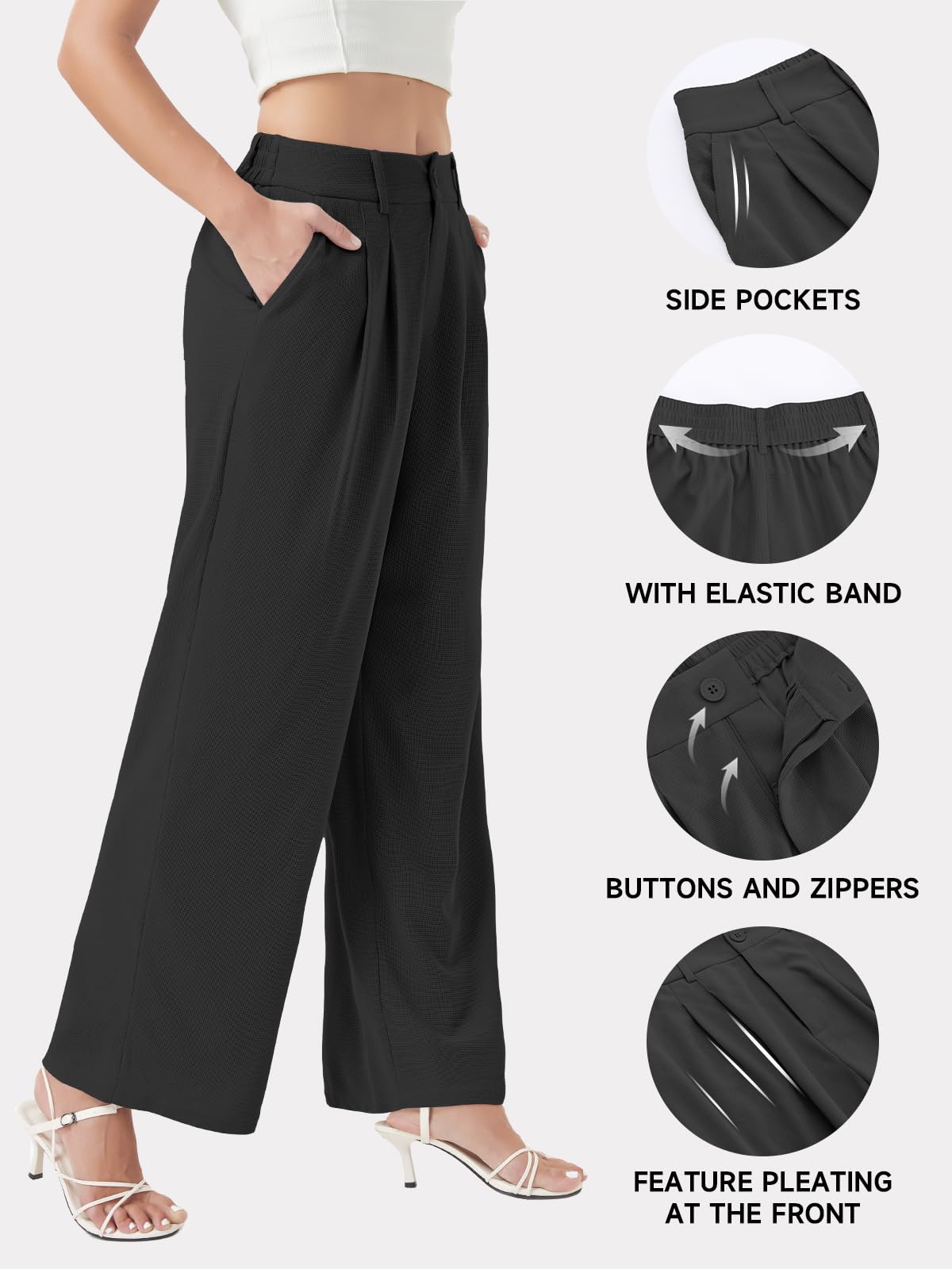 Keriffe Women's Wide Leg Work Pants - High Waisted Waffle Knit Button Down Palazzo Trousers with Pockets | Comfortable Casual Dress Pants for Office, Travel & Everyday Wear