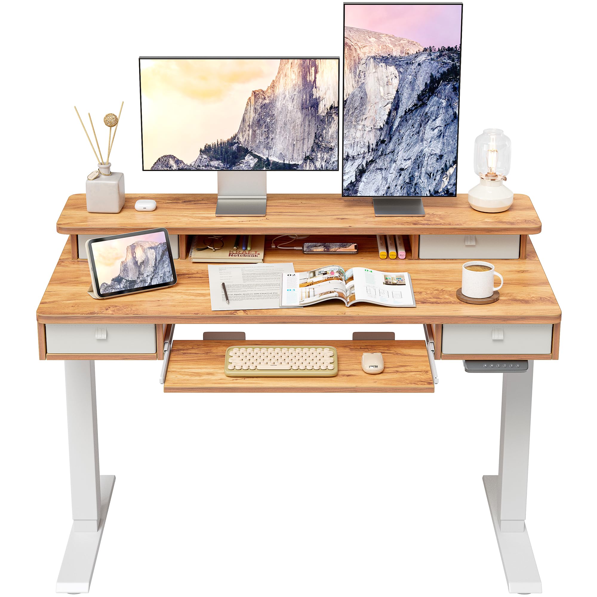 FEZIBO 48 x 24 Inch Electric Height Adjustable Standing Desk with 4 Drawers, Keyboard Tray & Storage Shelf - Light Rustic Brown - Perfect for Home Office, Gaming & Workspace Ergonomics