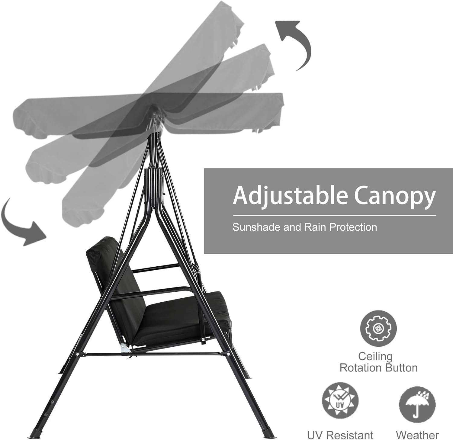 AECOJOY 3-Seat Outdoor Patio Swing Chair with Adjustable Canopy & Removable Cushion - Heavy Duty Porch Swing for Adults, Backyard, Garden, Yard, Poolside or Balcony Relaxation (Black) - Perfect for Lounging, Reading & Enjoying Outdoor Breezes