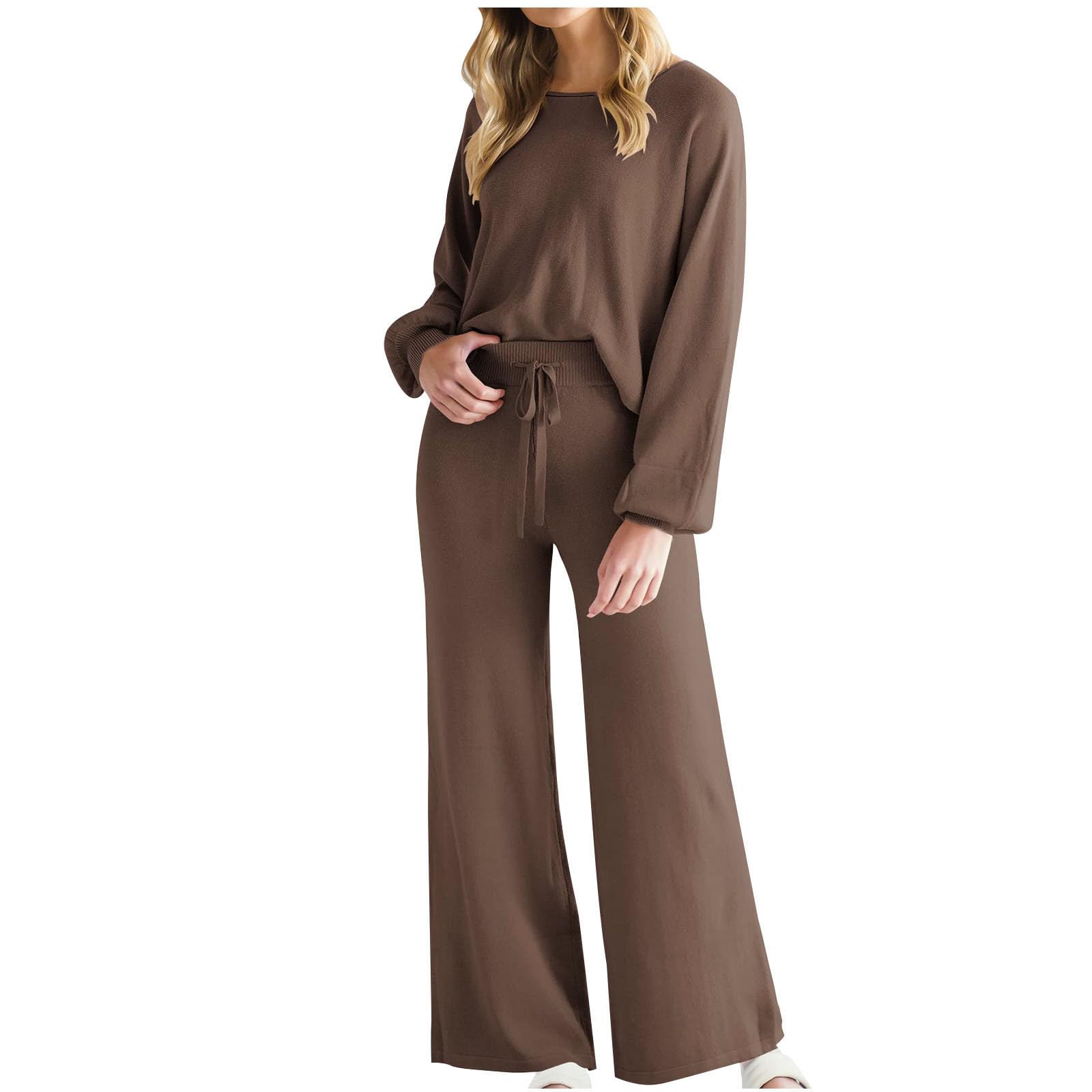 Women's Two Piece Outfits - Autumn Casual Loose Tracksuit Set with Round Neck Long Sleeve Top & Drawstring Wide Leg Pants | Trendy Lounge Wear for Home, Workout, and Daily Comfort