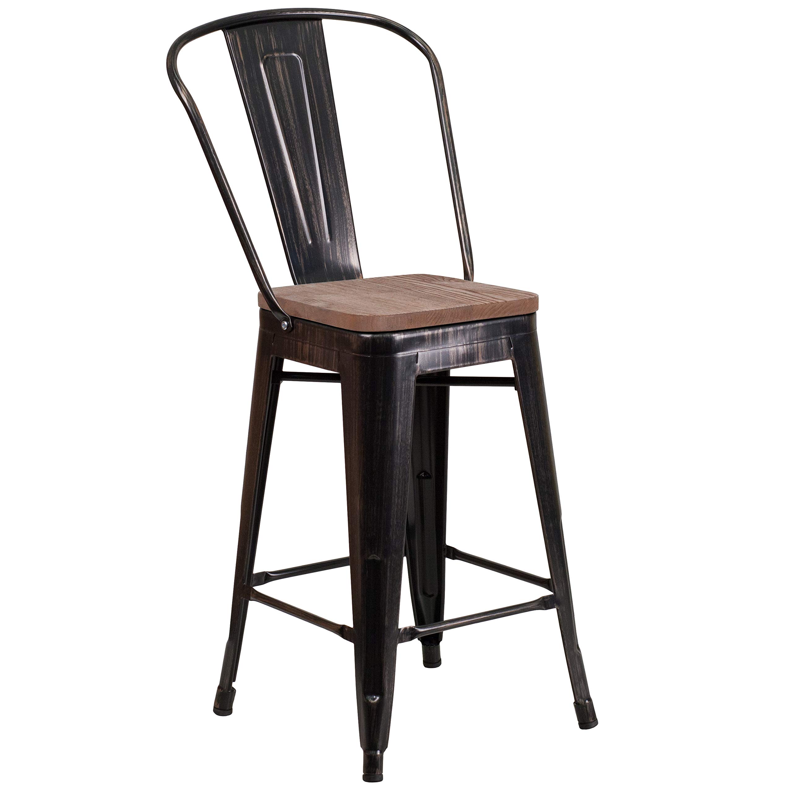 EMMA + OLIVER 24 Inch Black and Antique Gold Metal Wood Counter Stool with Back - Bar Stool for Kitchen Island, Breakfast Nook & Home Decor