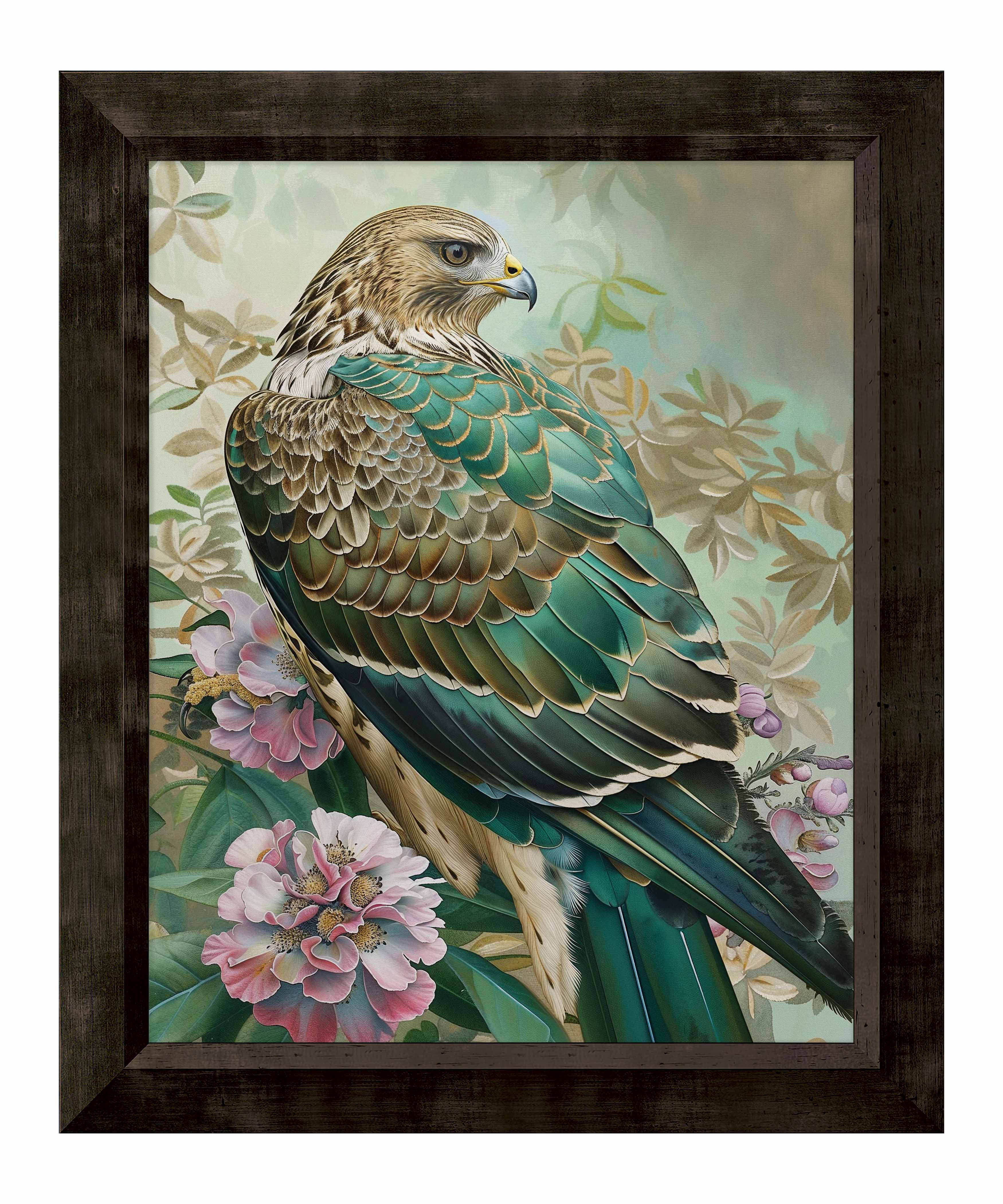 Emerald Majesty Hawk Amidst Blossoms Limited Edition Canvas Wall Art - Nature Inspired Home Decor for Living Room, Bedroom & Office