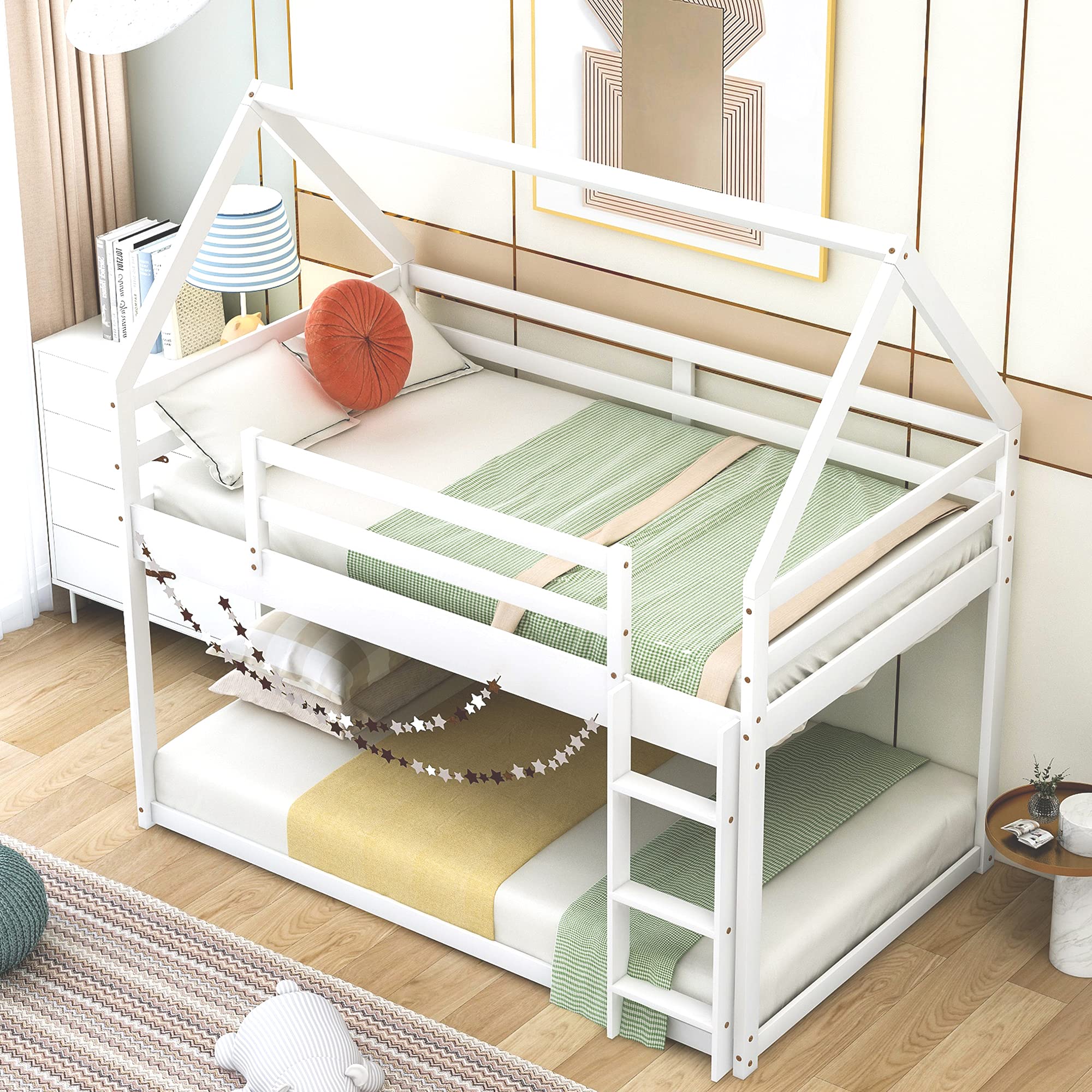 Merax Twin Over Twin Bunk Bed with Roof - Low Floor House Bed Frame with Ladder for Kids, Teens, Boys & Girls | Perfect for Small Bedrooms, Shared Kids' Rooms & Space-Saving Sleep Solutions