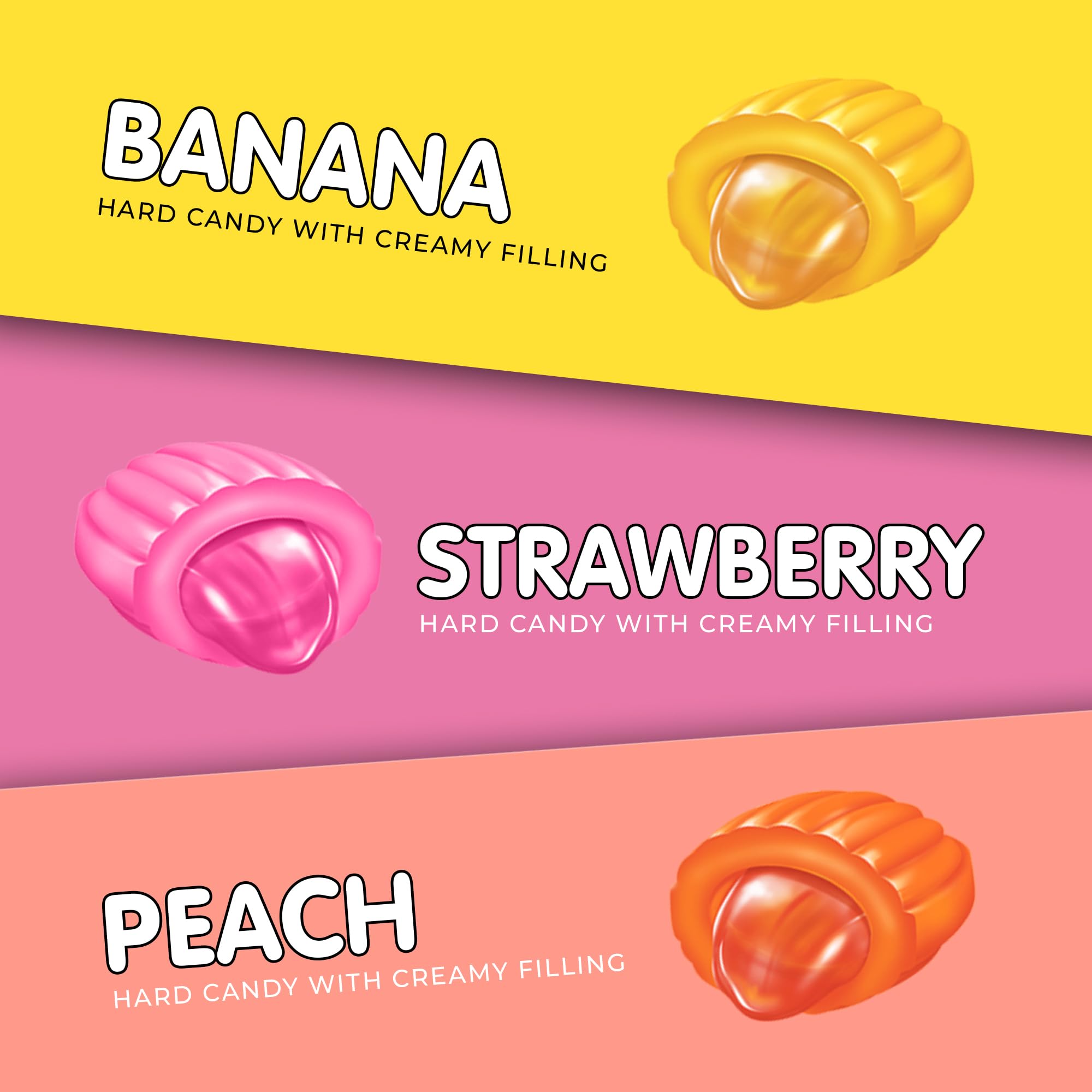 Fruit and Cream Hard Candy Variety Pack - Strawberry, Banana & Peach Flavored Center Filled Candy - 24.7 oz Bulk Bag for Sharing - Perfect for Office Snacks, Party Favors & Gift Baskets