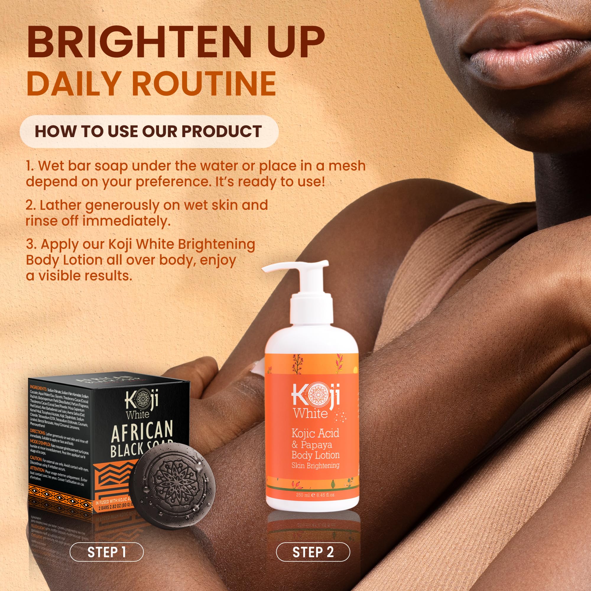 Koji White African Black Soap Bar with Kojic Acid - Exfoliating Body Wash & Face Cleanser with Shea Butter, Aloe Vera, Coconut Oil - Vegan, Paraben-Free, 2.82oz (2 Bars) - Perfect for Acne Treatment, Dark Spot Removal & Glowing Skin Care Routine
