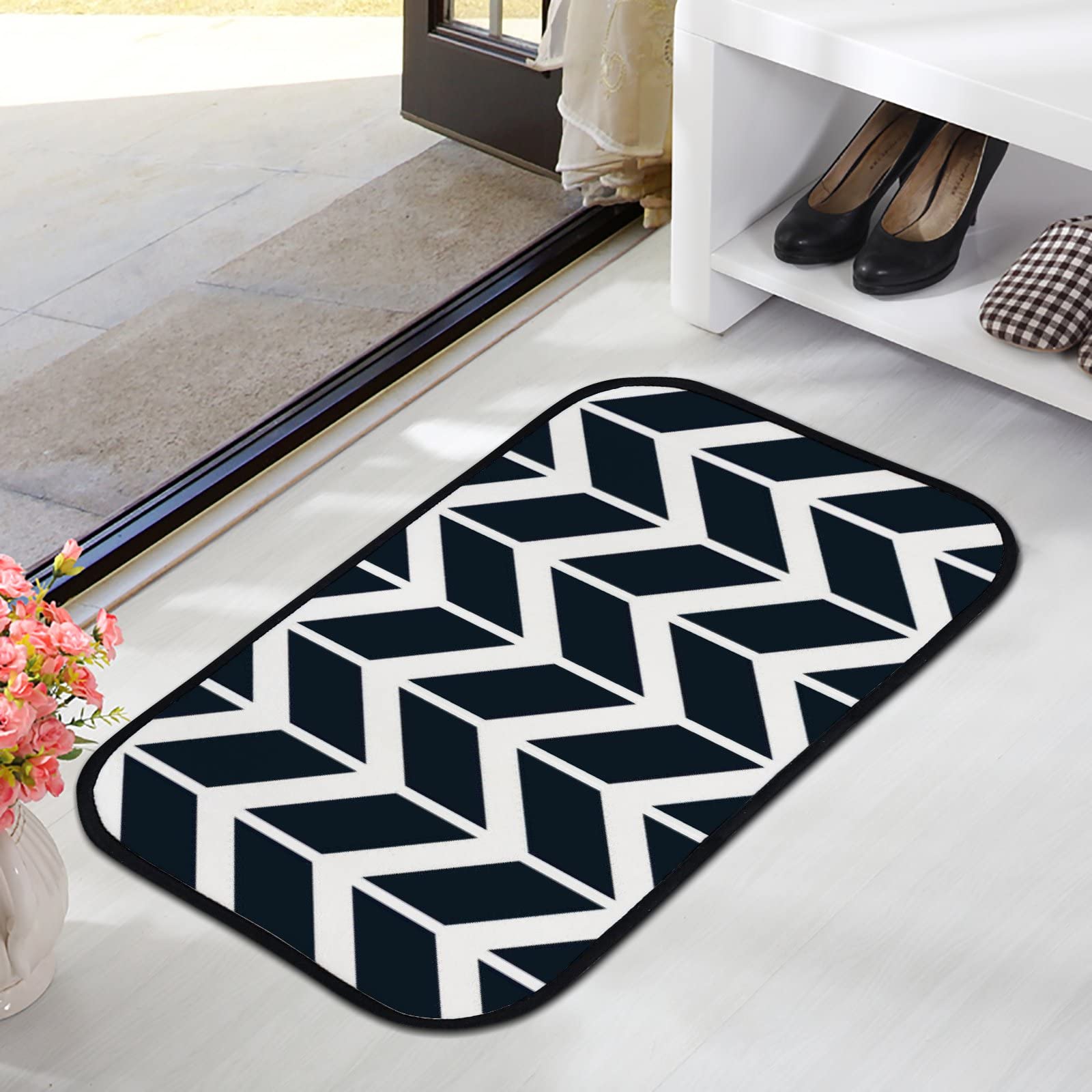 Non-Slip Chevron Pattern Foam Area Rug - Washable Navy Blue Arrow Design for Kitchen, Bathroom, Living Room - 23.6
