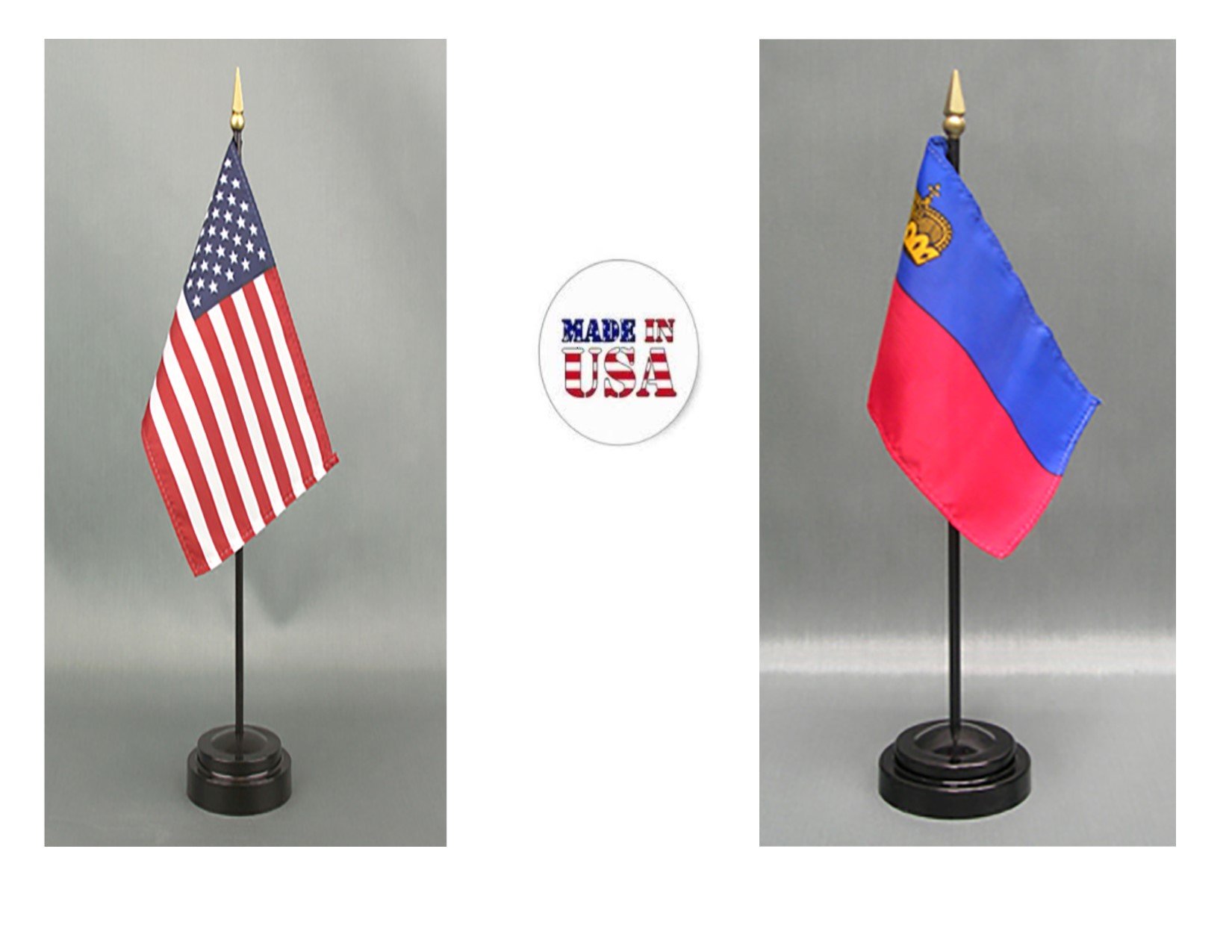American Made Rayon 4x6 Inch Lietchtenstein Desk Flag Set - Includes US & Country Flags with 2 Stands for Office Decor, Diplomatic Events & International Celebrations