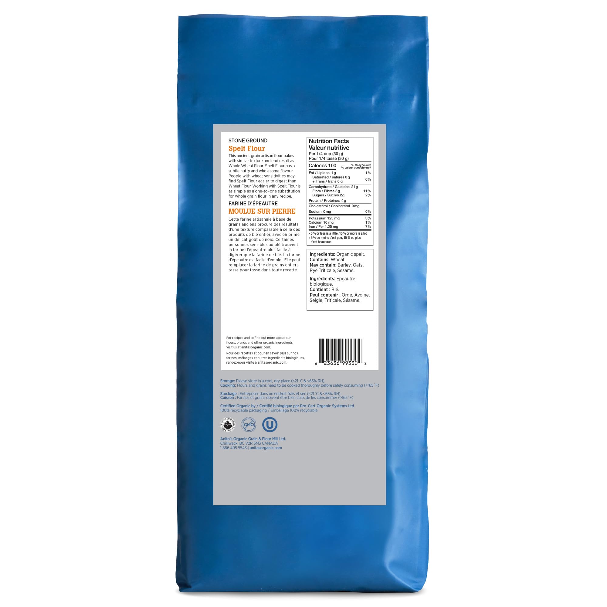 Organic Sprouted Spelt Flour 1kg - Anita's Organic Mill - Non-GMO, Whole Grain, High Protein - Perfect for Baking Bread, Cookies & Healthy Recipes - Made in Canada