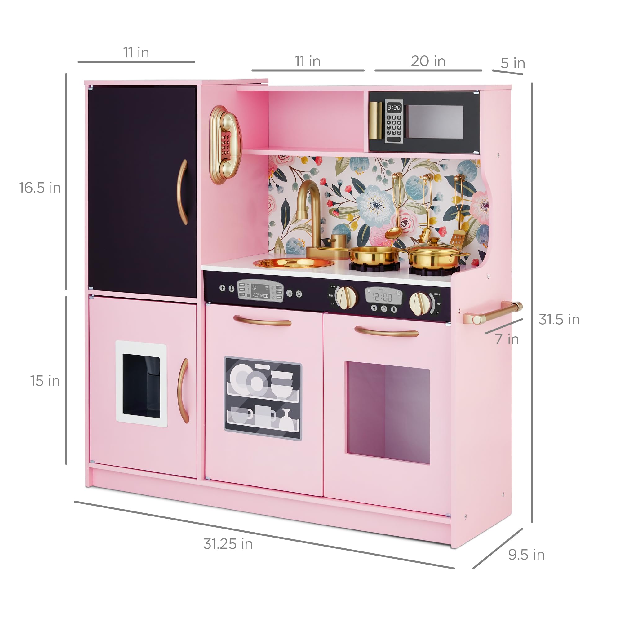 Best Choice Products Wooden Pretend Play Kitchen Toy Set for Kids - Realistic Design with Telephone, Utensils, Oven, Microwave & Sink - Pink Floral - Perfect for Imaginative Play, Role-Playing & Early Learning Development