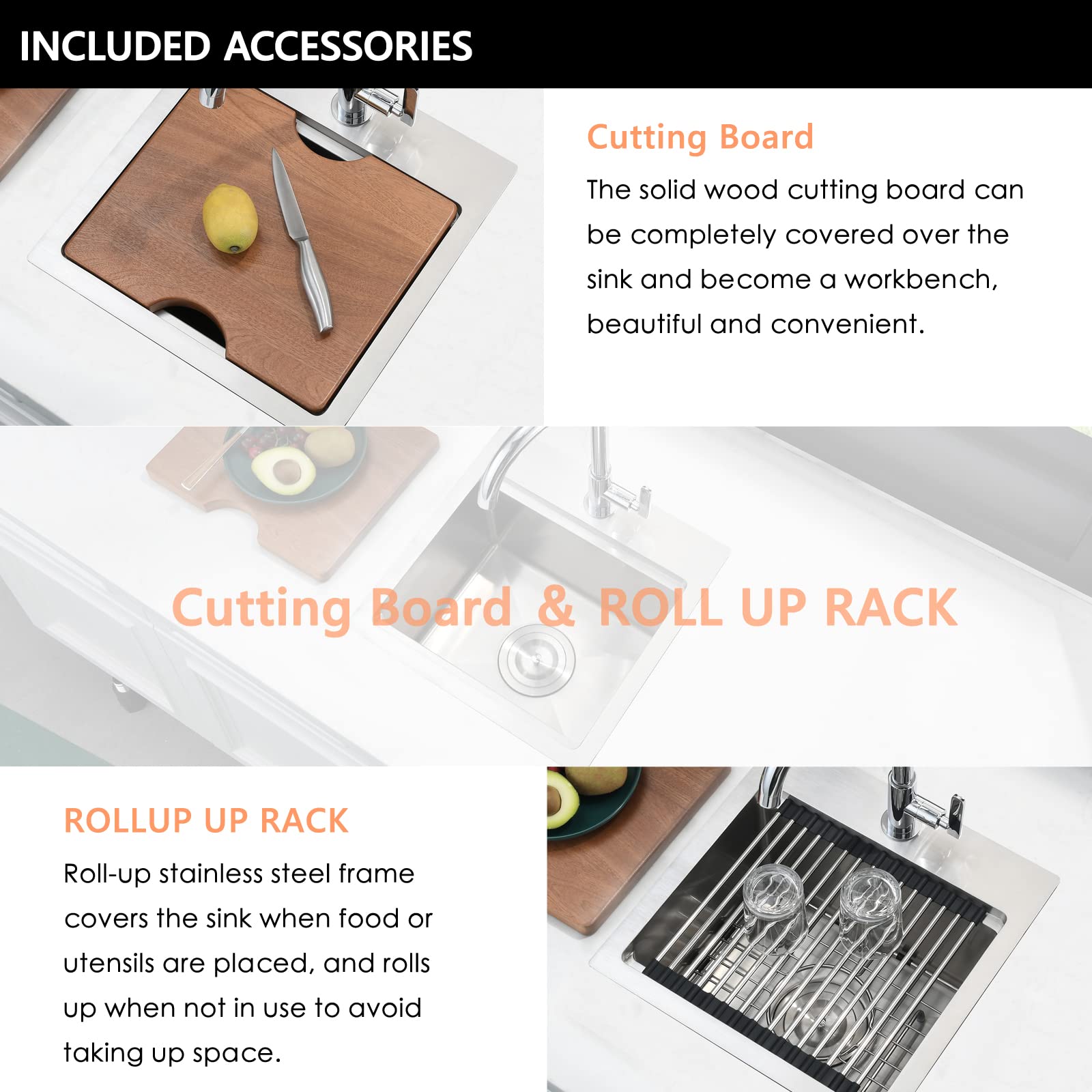 15x15 Inch Drop-in Bar Sink Workstation - 16 Gauge Stainless Steel Single Bowl Small Kitchen Sink with Cutting Board for Outdoor RV, Camper, Tiny House & Home Bar Use