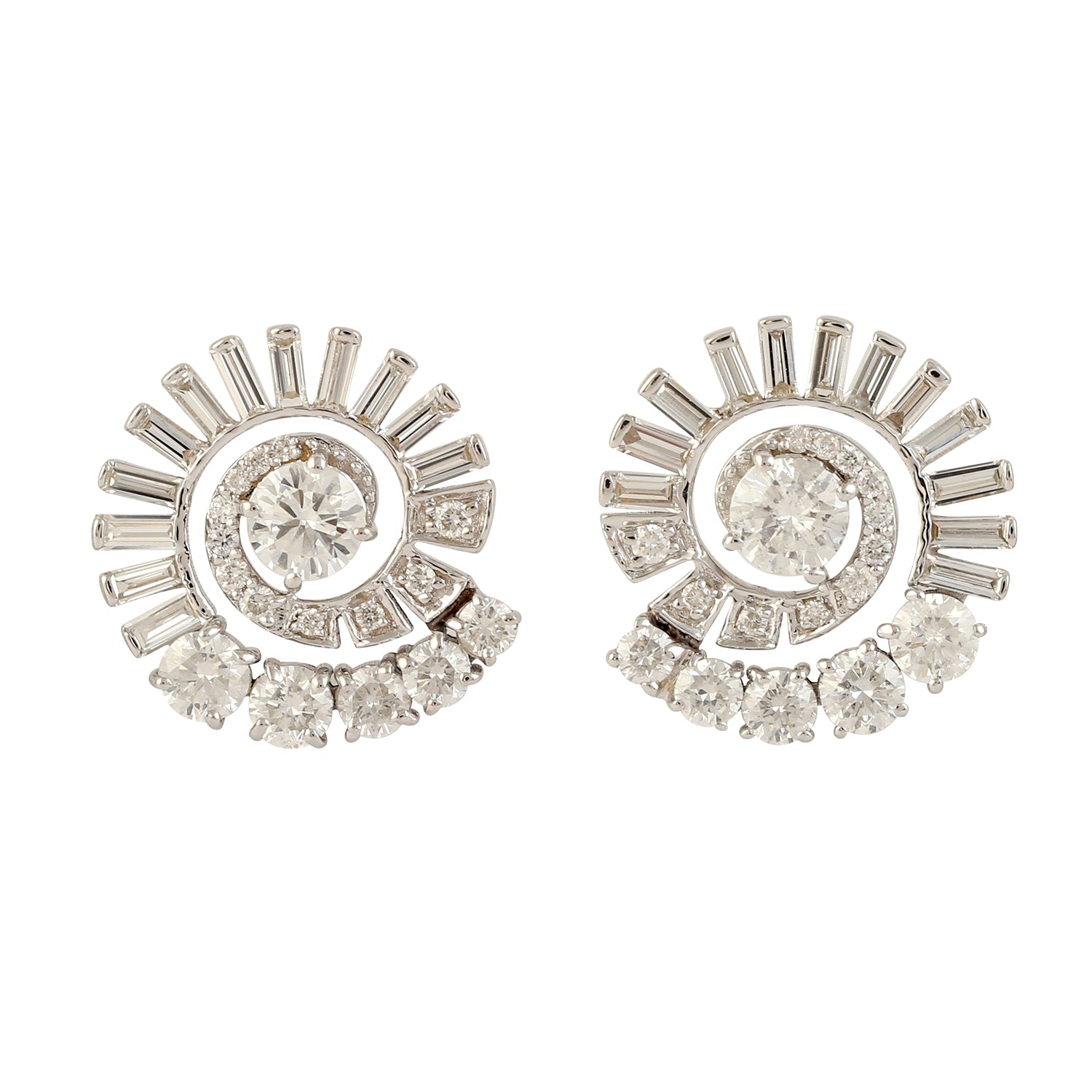 18K White Gold Baguette Cut Diamond Spiral Stud Earrings - Elegant Wedding, Anniversary & Special Occasion Jewelry Gift