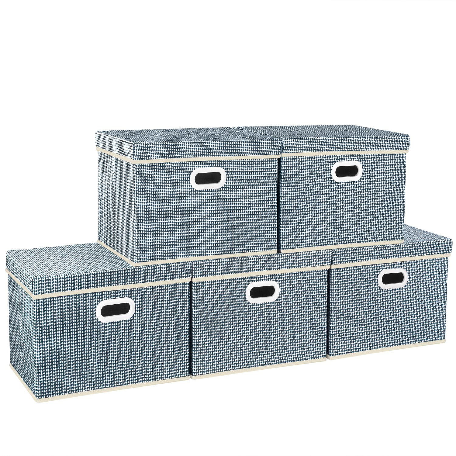 TYEERS 5-Pack Large Collapsible Storage Bins with Lids - Foldable Closet Organizer for Clothes, Bedroom, Office & Home Organization - Space Saving Storage Boxes (Blue) - Perfect for Seasonal Clothes Storage, Toy Organization & Small Space Living