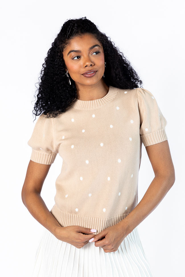 Polka Dot Short Sleeve Sweater for Women - Soft Taupe & Ivory Knit Top | Cozy Casual Wear for Spring & Fall | Perfect for Office, Dates & Weekend Outings