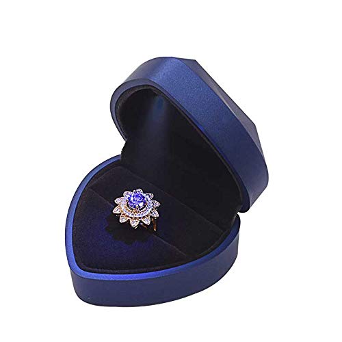 Heart Shaped Velvet Ring Box with LED Light - Perfect for Wedding, Proposal & Engagement - Elegant Blue Jewelry Gift Box for Couples