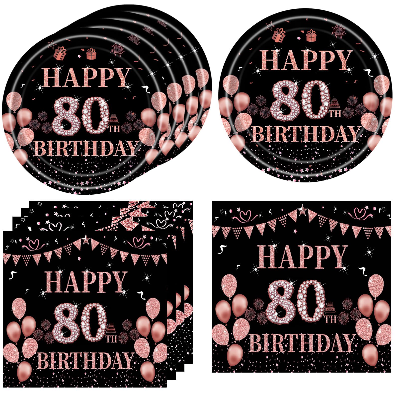 40PCS Black & Rose Gold 80th Birthday Party Decorations for Women - Elegant Plates, Napkins & Supplies Set - Perfect for Milestone Celebrations, Retirement Parties & Special Occasions