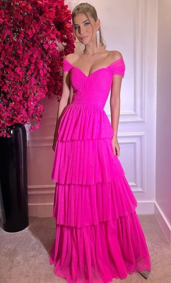 Elegant Hot Pink Off The Shoulder Prom Dress Long Evening Gown J4826 - Perfect for Homecoming, Formal Dances & Special Occasions