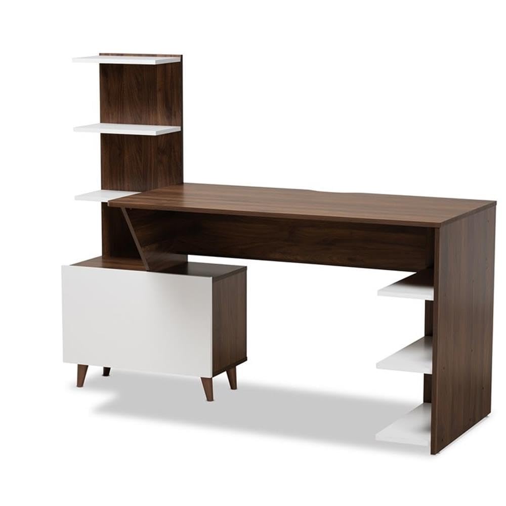 BOWERY HILL White & Brown Wooden Computer Desk with Storage Shelves - Perfect for Home Office, Study Room & Small Spaces
