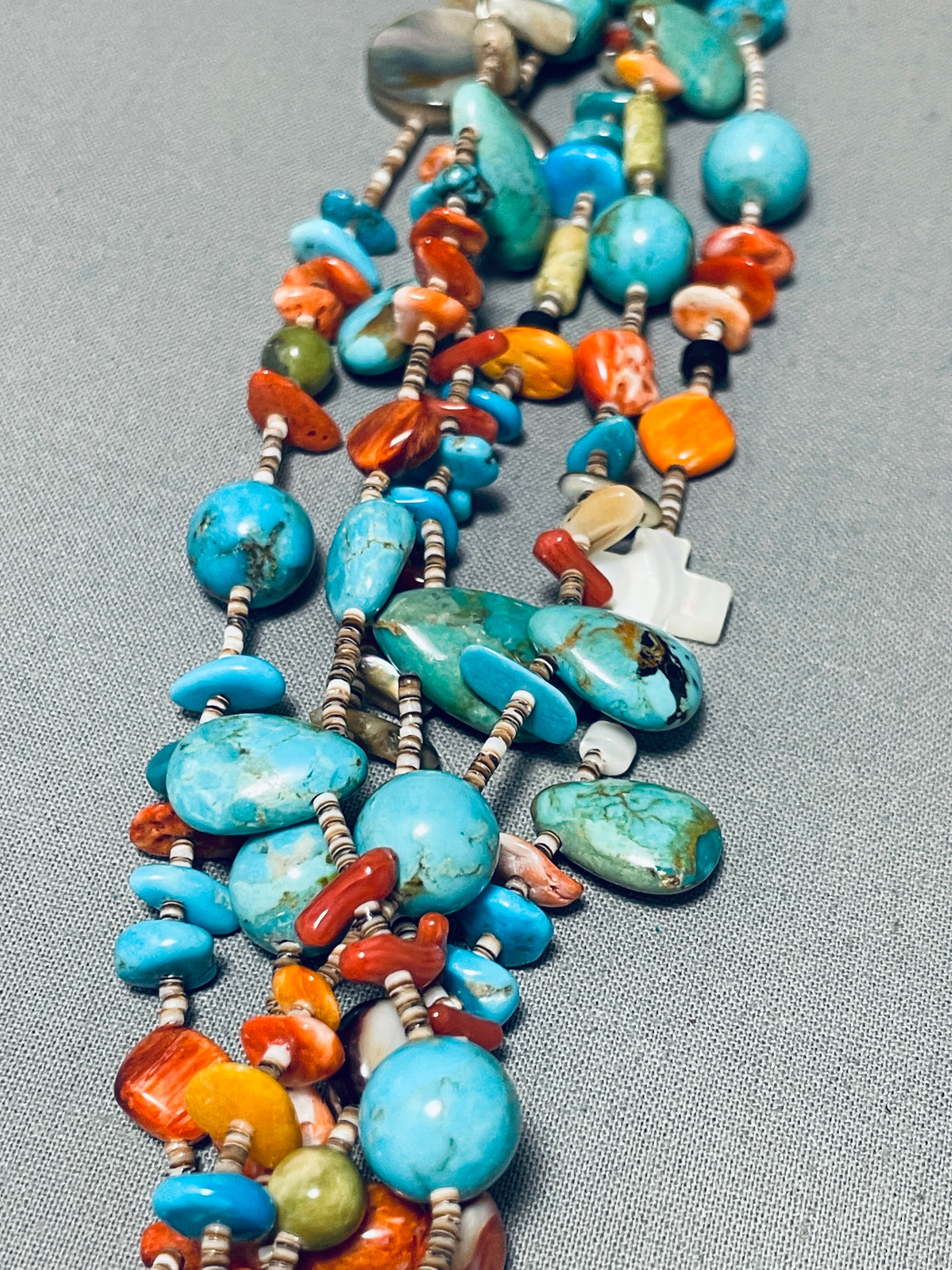 Authentic Native American Navajo Turquoise Coral Spiny 6-Strand Silver Necklace - Handmade Jewelry for Women, Boho Chic Accessories, Perfect for Festivals & Special Occasions