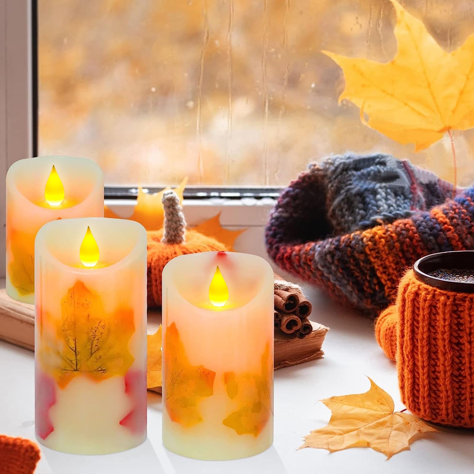 Flameless LED Candles Set of 3 - Maple Leaf Flickering Battery Operated Pillar Candles with Remote Control, Timer & Dimmable Brightness - Perfect for Thanksgiving, Halloween, Fall Harvest Decor, Home Centerpiece, Wedding, Romantic Dinner & Holiday Lighting