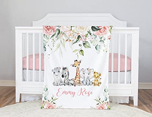 Personalized Monogrammed Baby Blanket for Girls - Floral Safari Theme with Custom Name - Soft Newborn Gift & Nursery Bedding - Perfect for Baby Showers, Christenings, and Nursery Decor