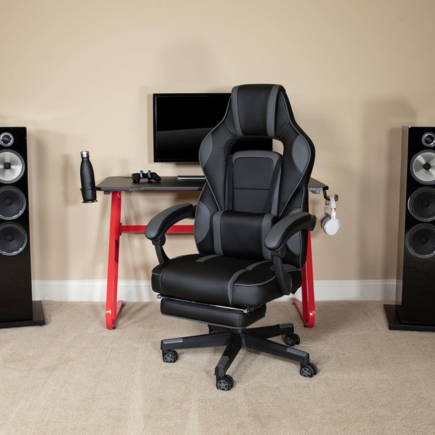 Flash Furniture Red Gaming Desk with Cup Holder & Headphone Hook - Black Reclining Gaming Chair with Footrest - Perfect for Esports, Streaming & Home Office Setup