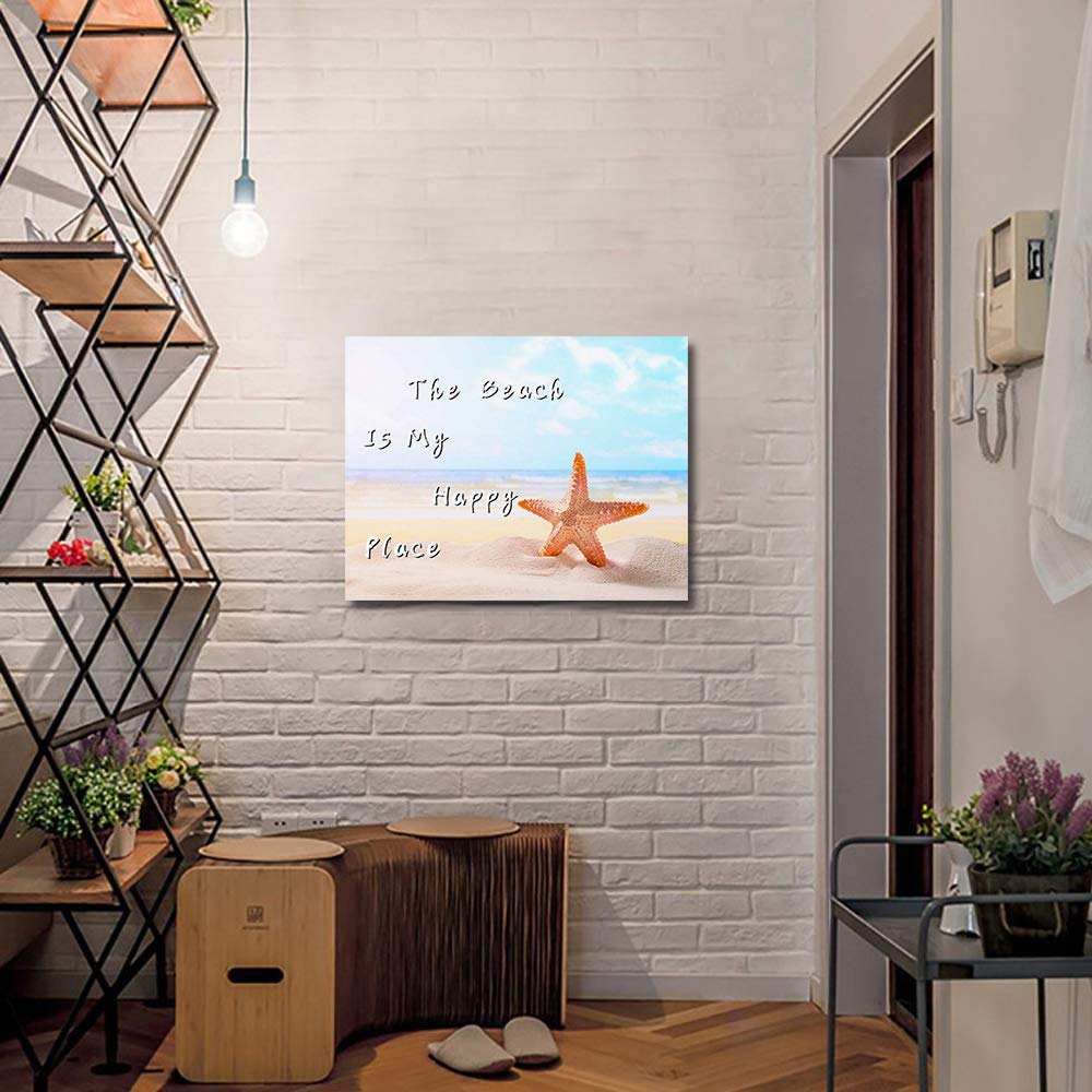 Large Canvas Wall Art 20x24 Inch - Beach Scenery Painting with Starfish, 'The Beach is My Happy Place' - Frameless Ocean Themed Decor for Living Room, Bedroom & Kitchen - Perfect for Coastal, Nautical or Vacation Home Decor