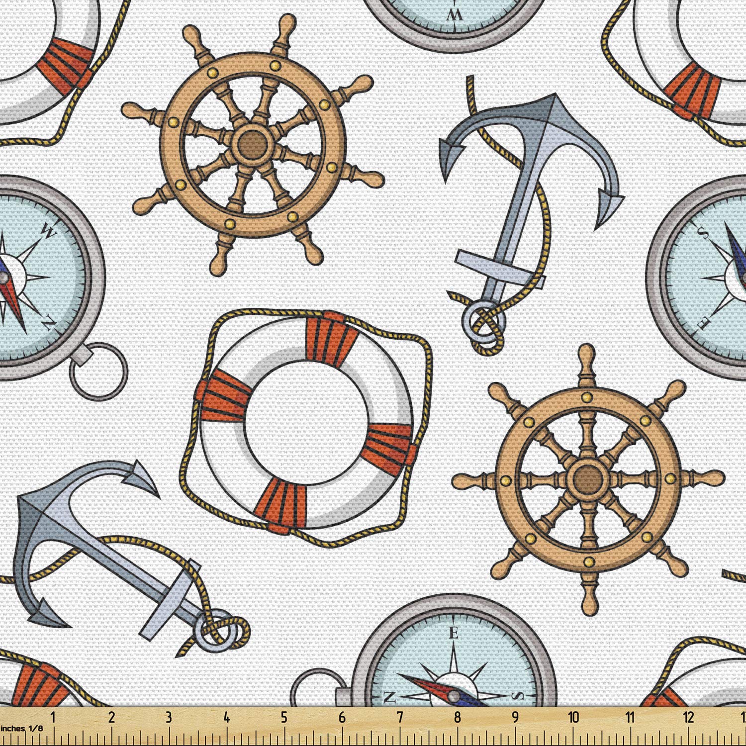 Ambesonne Nautical Compass Fabric by The Yard - Marine Pattern with Ship Steering Wheel & Anchor - 10 Yards Beige White Upholstery Fabric for Sofa, Curtains, Pillows - Perfect for Coastal Home Decor & DIY Nautical Projects
