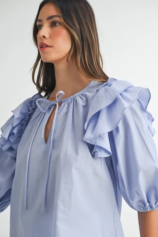 Elegant Ruffle Shoulder Puff Sleeve Resort Blouse for Women - Summer Vacation Beachwear & Boho Chic Outfit