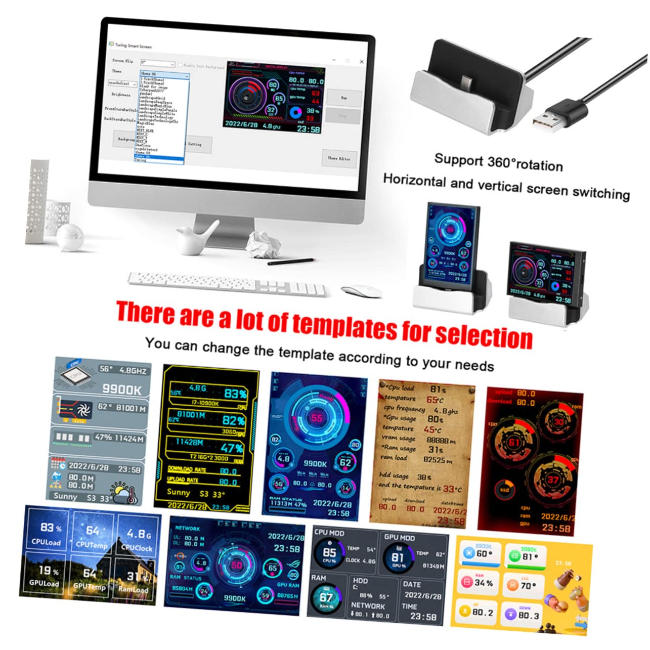 KONTONTY Secondary Computer Screen - GPU Data Monitor, HDD & Network Data Display, Mini PC Case Screen - Perfect for Gaming Rigs, Workstations & Home Office Setups