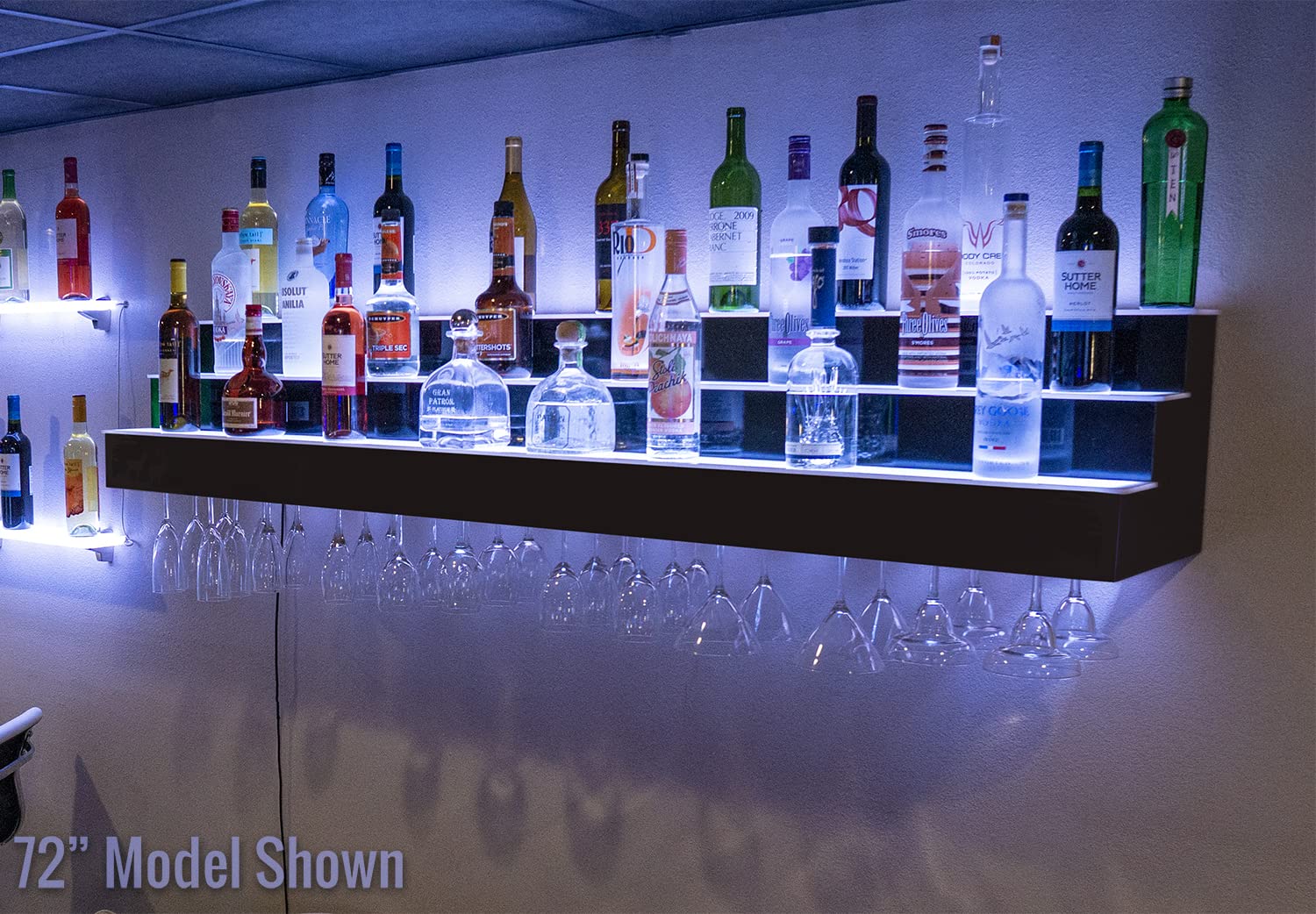 3 Tier Wall Mounted Liquor Bottle Shelf with Wine Glass Rack & LED Lights - 12 Bottle Capacity - Perfect for Home Bar, Kitchen, Dining Room, and Entertainment Areas