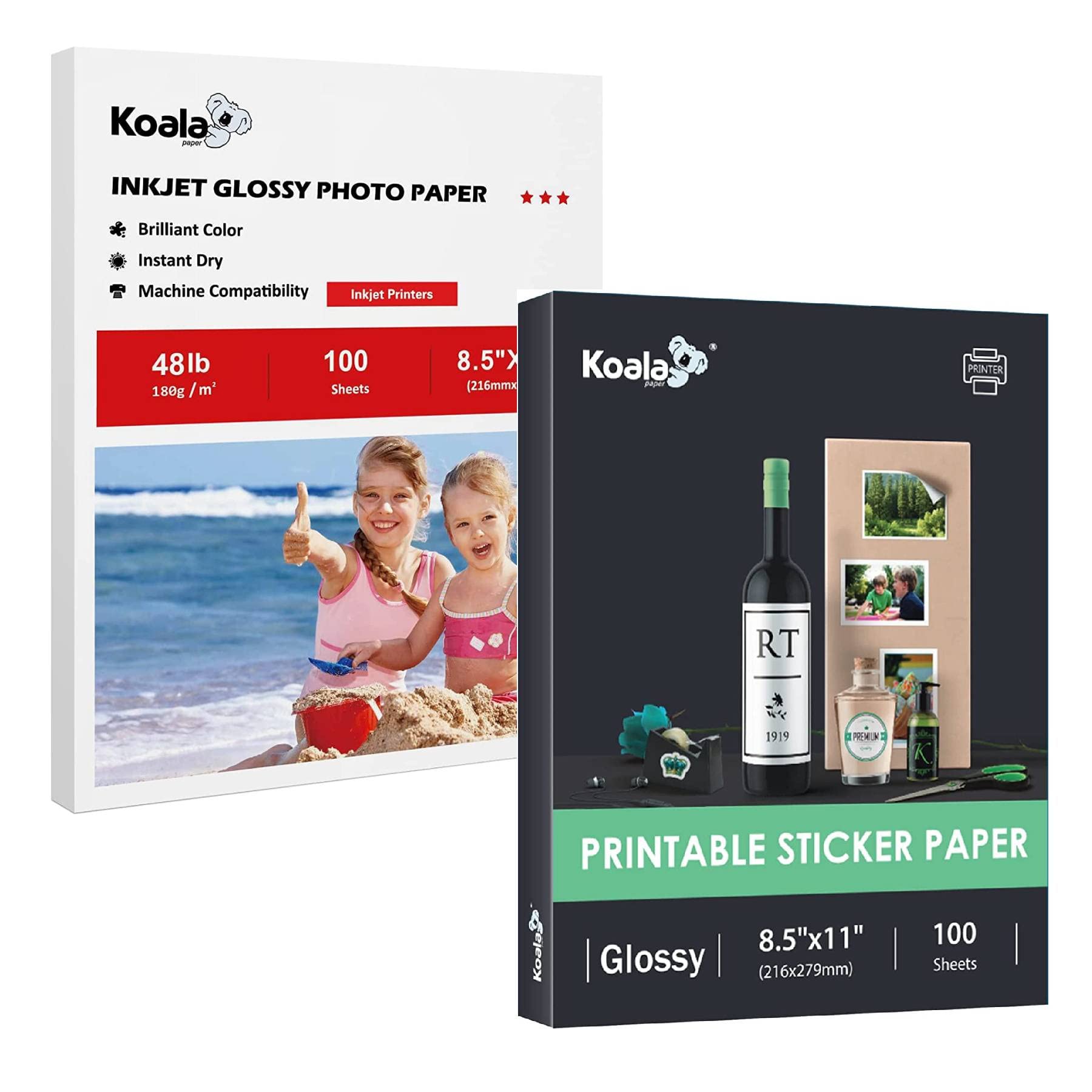Premium Koala Inkjet Glossy Photo Paper & Self-Adhesive Sticker Paper Bundle - High-Quality Printing for Photos, Labels & DIY Crafts - Perfect for Scrapbooking, Home Decor & Office Use