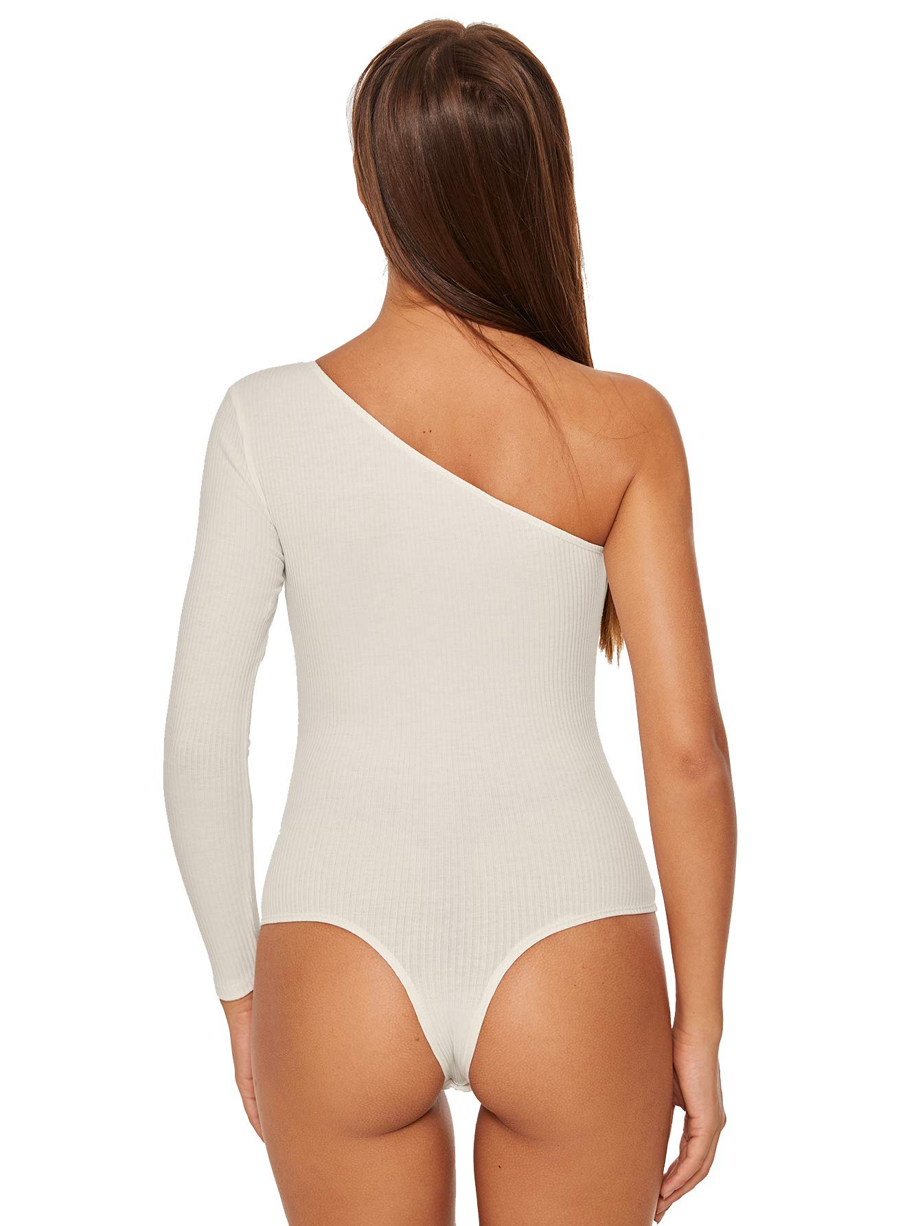 Verdusa Women's Sexy One Shoulder Off Rib Knit Thong Bodysuit - White XS | Clubwear, Date Night Outfit, Lingerie for Special Occasions