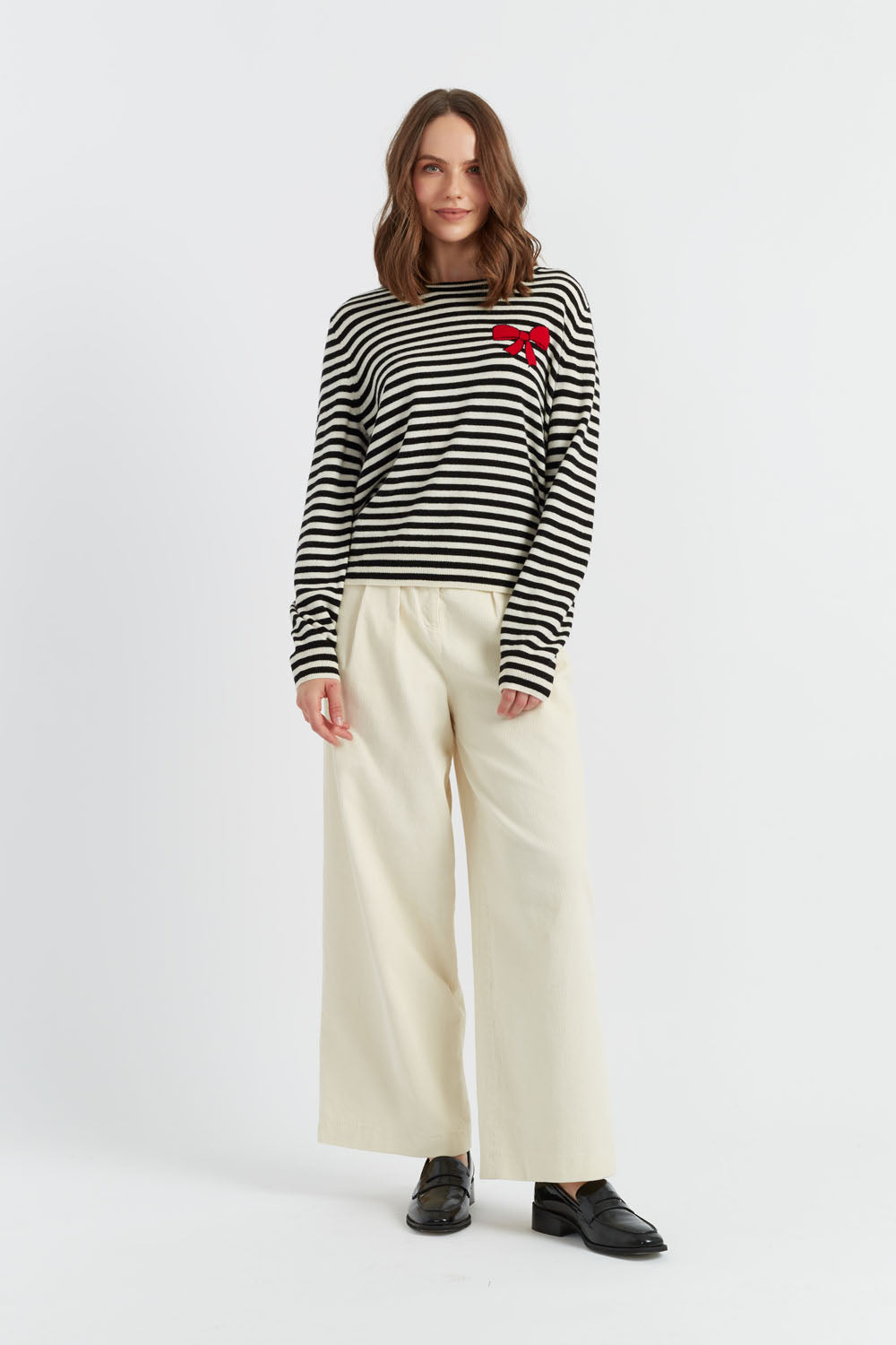 Black Wool Cashmere Bow Breton Sweater for Women - Soft & Warm Winter Knitwear - Perfect for Holiday Parties & Office Wear