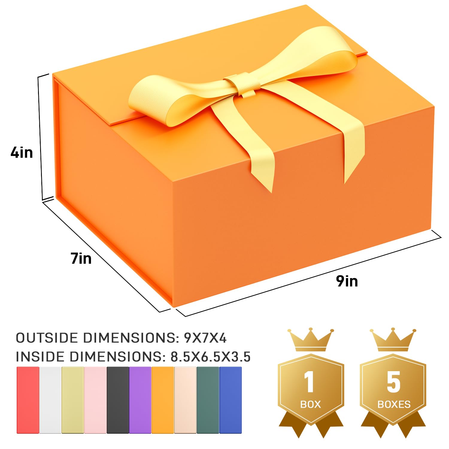 5 Pack 9x7x4 Inch Orange Magnetic Closure Gift Box Set with Card & Ribbon - Elegant Collapsible Present Box for Bridesmaid Proposals, Halloween, Christmas, Birthday Gifts - Perfect for Wedding Favors, Party Favors & Holiday Gift Wrapping