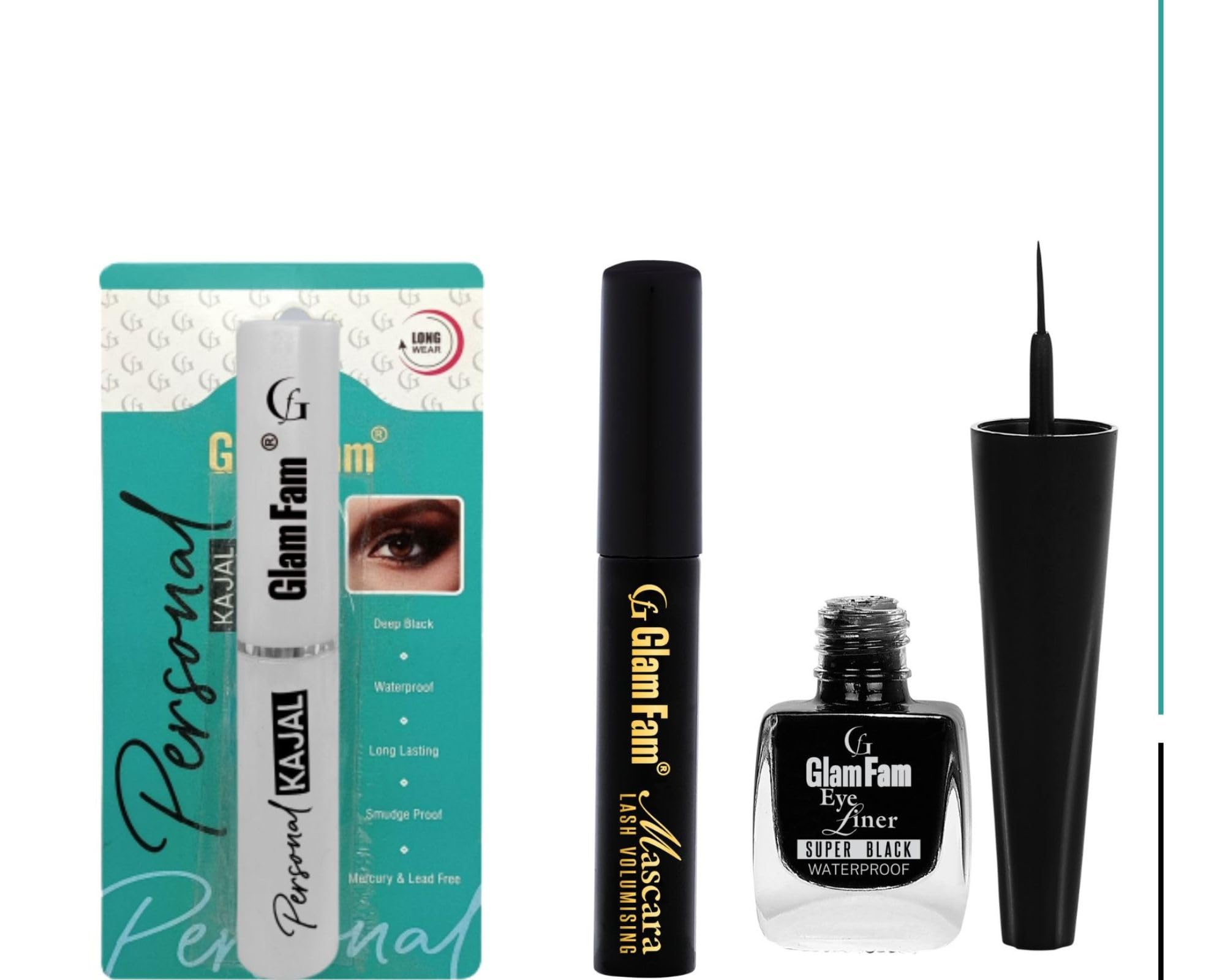 GLAM FAM Long-Lasting Waterproof Kajal Eyeliner & Mascara Set - Super Black, Smudge-Proof (3-Pack) for Dramatic Eye Makeup & Everyday Wear