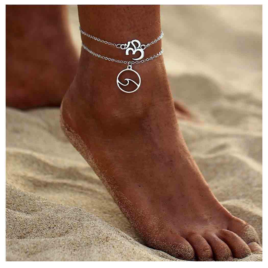 Olbye Double Layer Silver Wave Anklet Bracelet for Women & Girls - Stylish Layered Foot Chain Jewelry for Beach, Summer & Boho Outfits