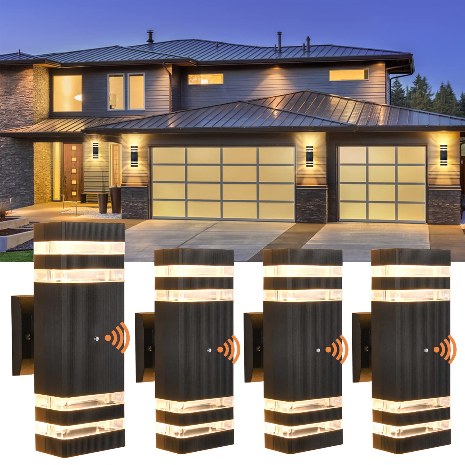 Dusk to Dawn Modern Wall Lights - 4 Pack Up and Down Outdoor Lighting Fixtures, Waterproof Aluminum Sconce for House, Porch, Garage & Patio - Perfect for Pathway Illumination and Exterior Home Decor