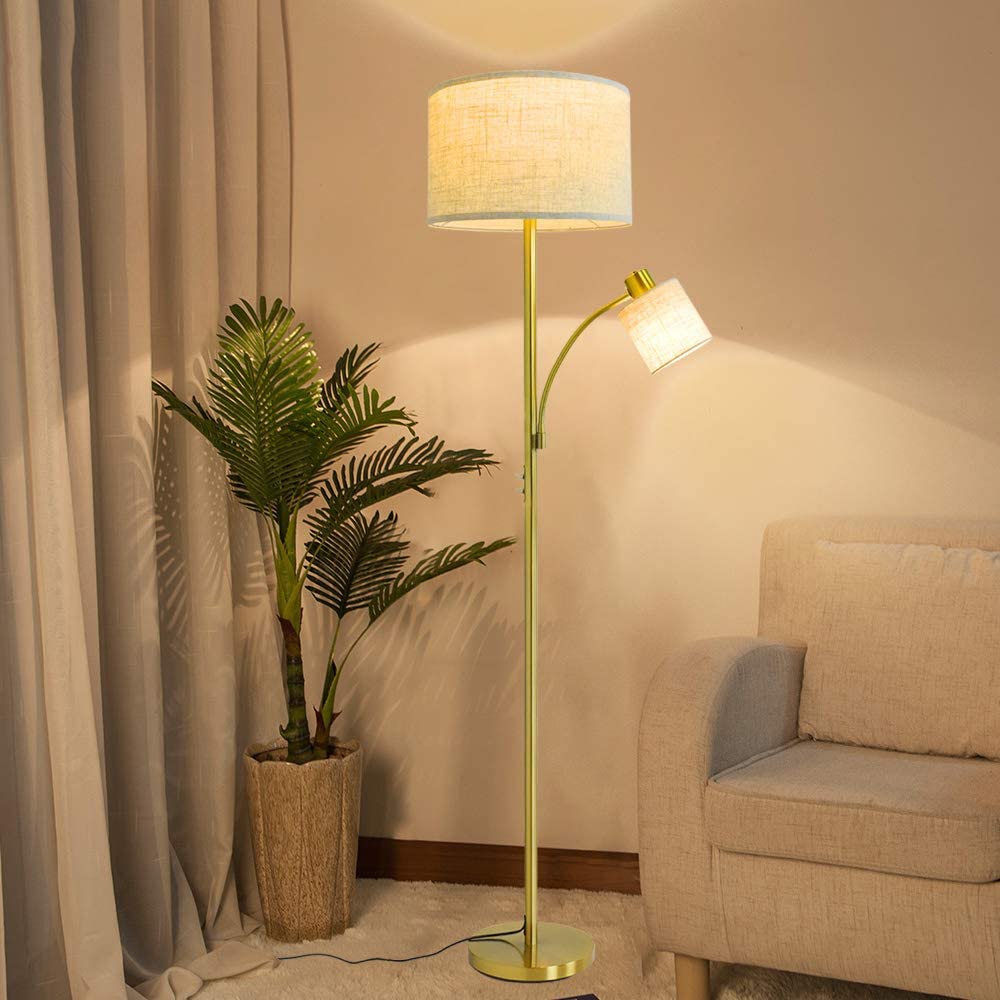 Rustic Modern Tall Pole Floor Lamp with 2 Adjustable Heads - Mother and Child Design, Fabric Drum Shade, 3000K Warm White Eye-Caring Light (Bulb Included) for Living Room, Bedroom, Study Room | Perfect for Reading, Working & Creating Cozy Atmosphere