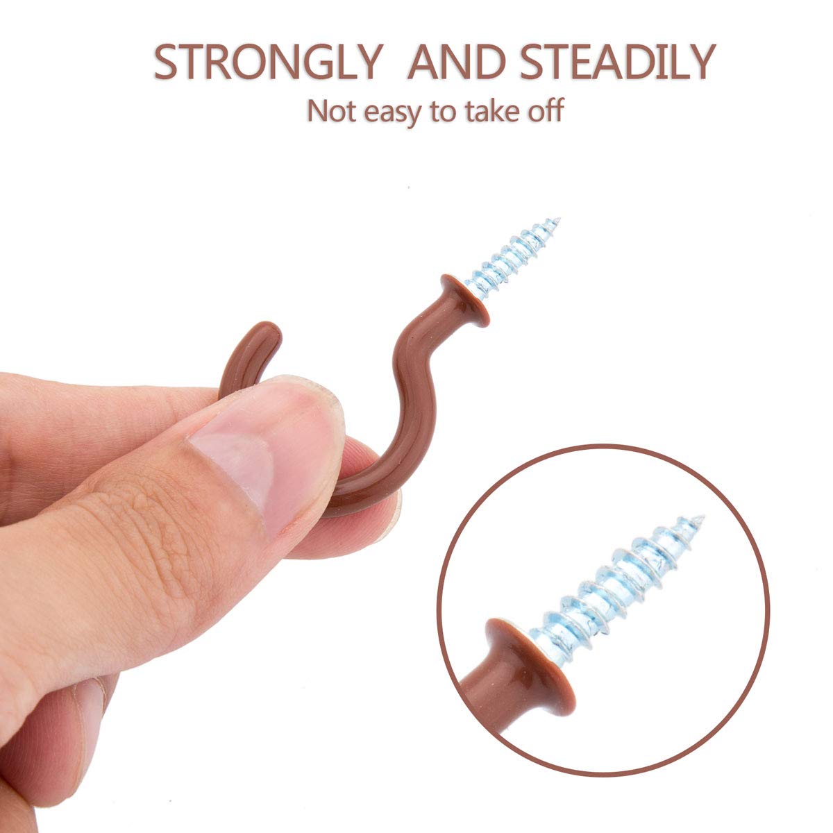 30pcs 2'' Heavy Duty Vinyl Coated Screw Hooks - Ceiling & Wall Hooks for Towels, Mugs, Cups, Home & Office Storage Organization - Durable Brown Metal Hooks for Kitchen, Bathroom, Garage & Closet