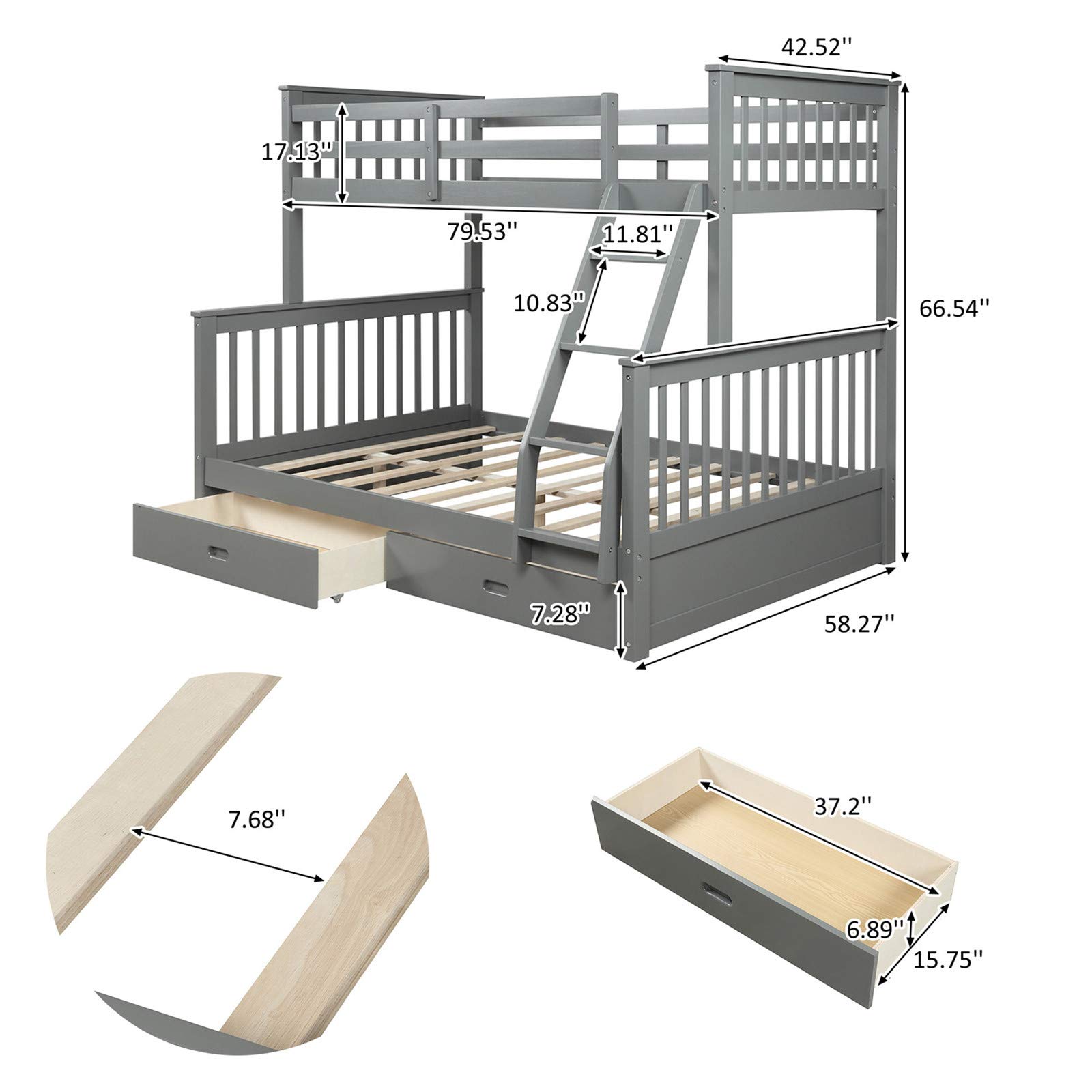 Harper & Bright Twin-Over-Full Bunk Bed with Drawers - Gray Kids Wood Bed Frame for Small Spaces