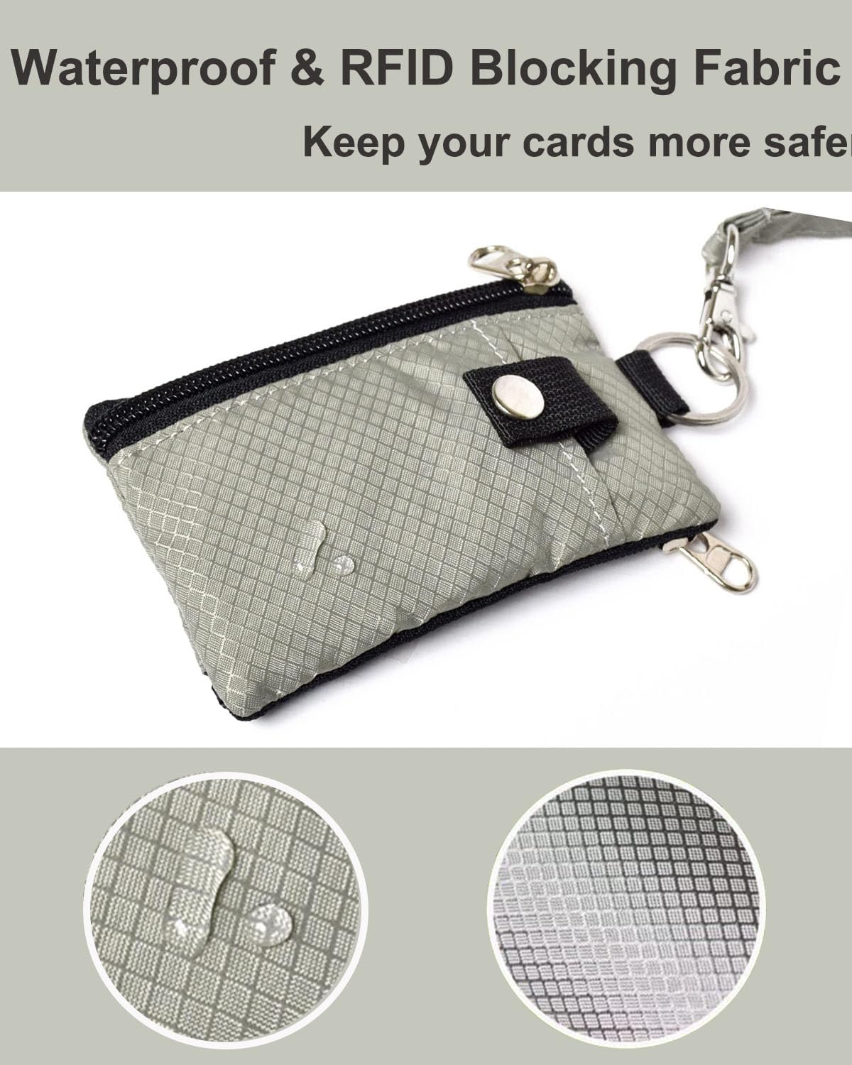 Slim RFID Blocking Wallet for Women & Men - Minimalist Keychain Wallet with Lanyard, Zipper ID Case & Card Holder - Compact Travel Wallet for Cards, Coins & Cash (Light Grey) | Perfect for Everyday Use, Business Travel & Secure Contactless Payments