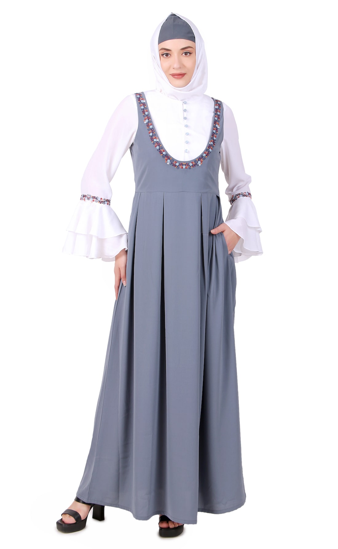 Elegant Dual Color Embroidered Abaya Dress - Stylish Dungaree Look for Women | Perfect for Casual Wear, Parties & Special Occasions