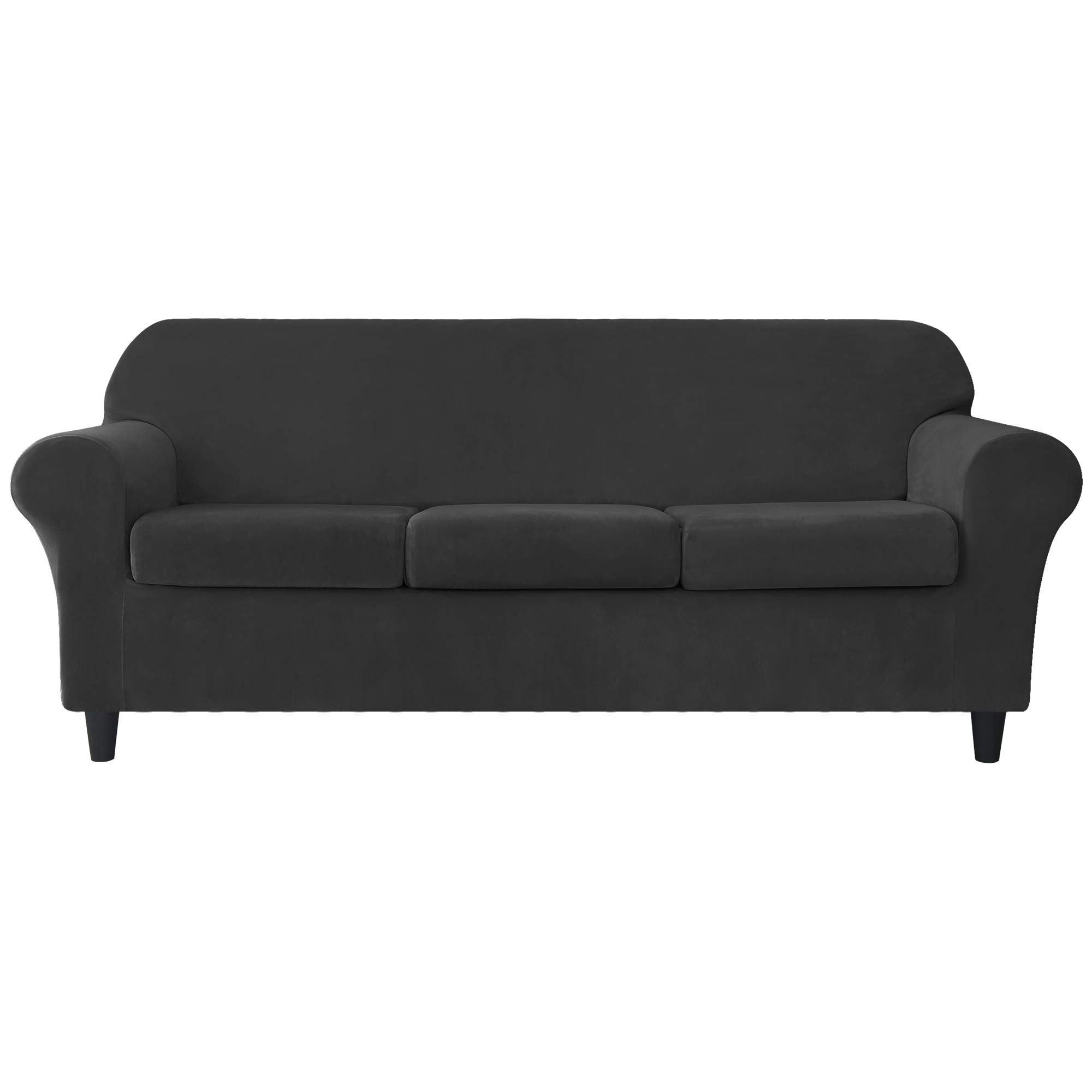 Premium MILARAN Velvet Sofa Slipcover - Soft Stretch Couch Cover 4-Piece Set with High Spandex - Durable Furniture Protector for Living Room (Black, Large) - Perfect for Home Decor, Pet Protection & Daily Use