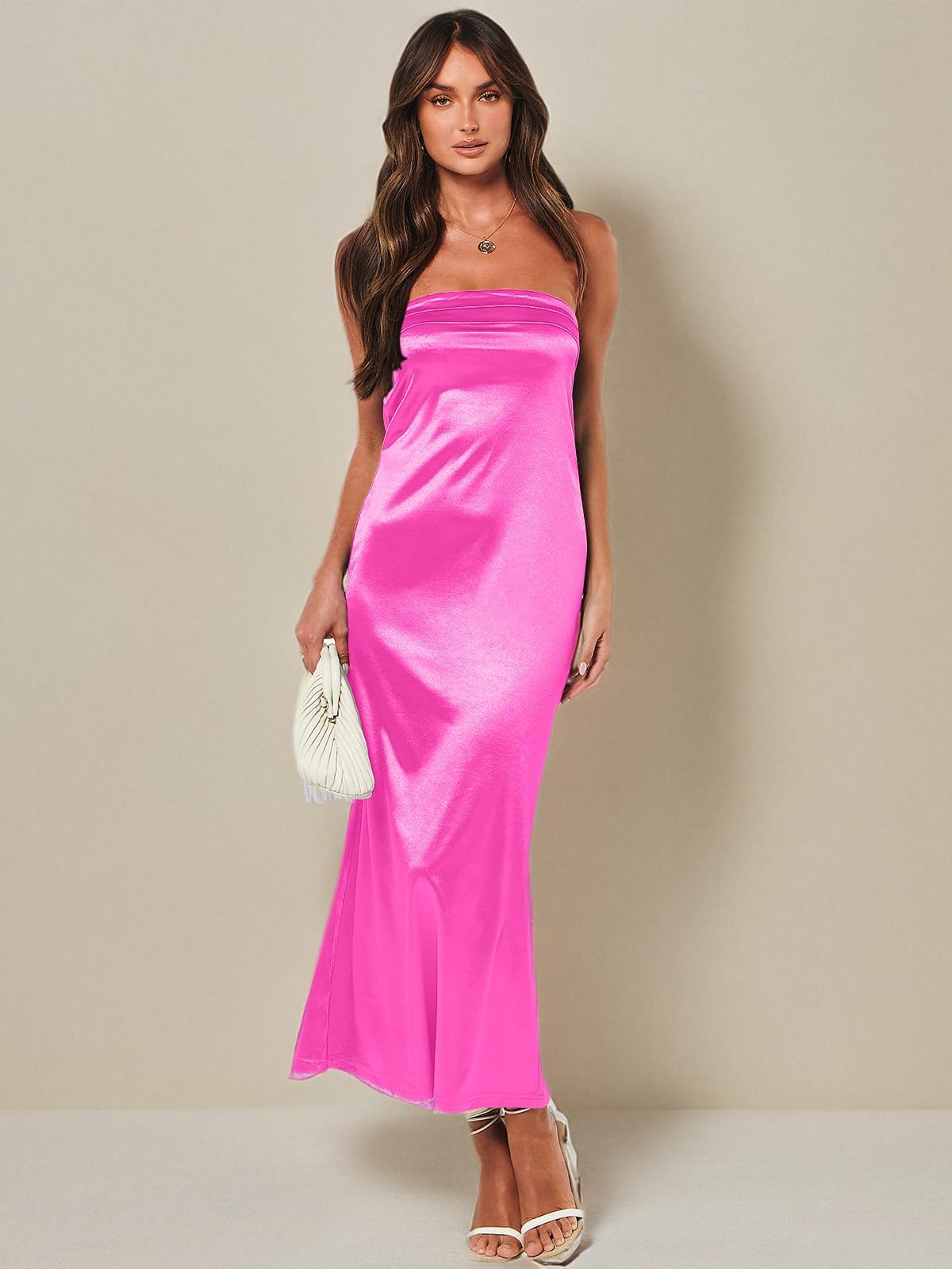 Caracilia Women's Strapless Satin Tube Bodycon Maxi Dress - Backless Formal Gown for Wedding Guest, Prom, Cocktail Party & Spring Summer Evening Events 2025