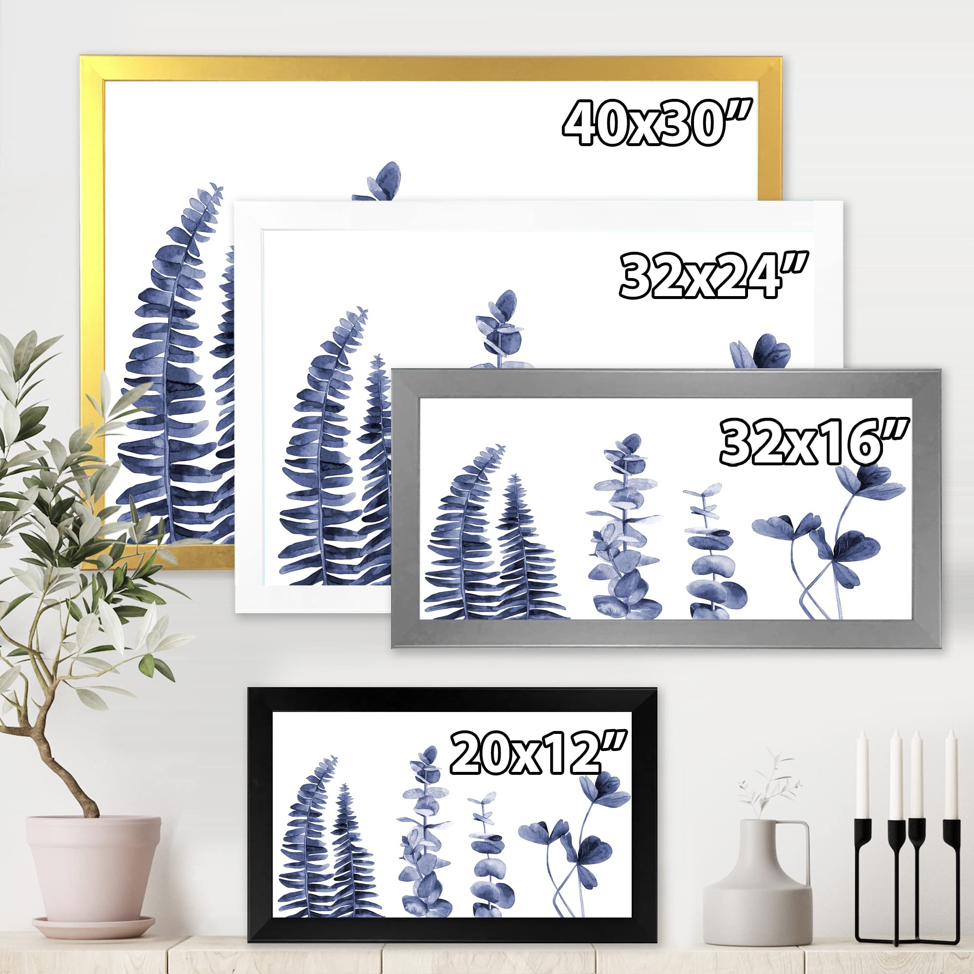 DesignQ Navy Blue Eucalyptus Traditional Framed Wall Art - Perfect for Living Room, Bedroom & Office Decor