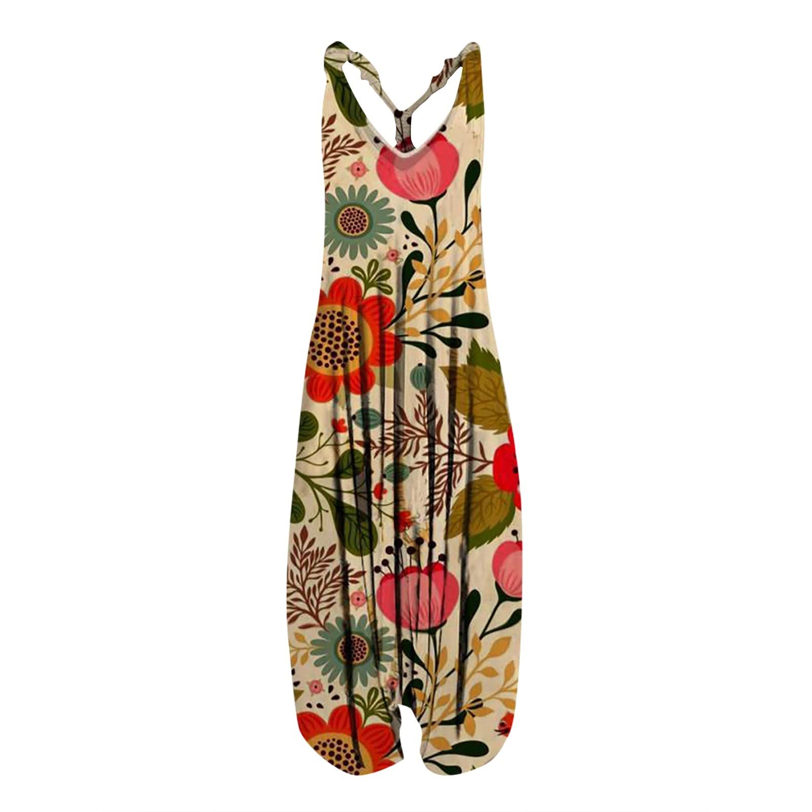 Plus Size Women's Jumpsuits - Boho Floral Wide Leg Romper One Piece Streetwear Casual Outfit for Everyday Wear, Summer Festivals & Beach Vacations