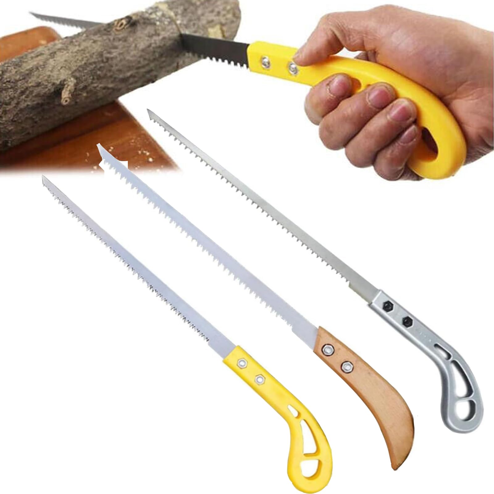 Flexaza Portable Hand Saw - 3 Pack Outdoor Folding Hand Saws with Wooden Handle (Yellow & Grey) for Camping, Hiking, Gardening & DIY Projects