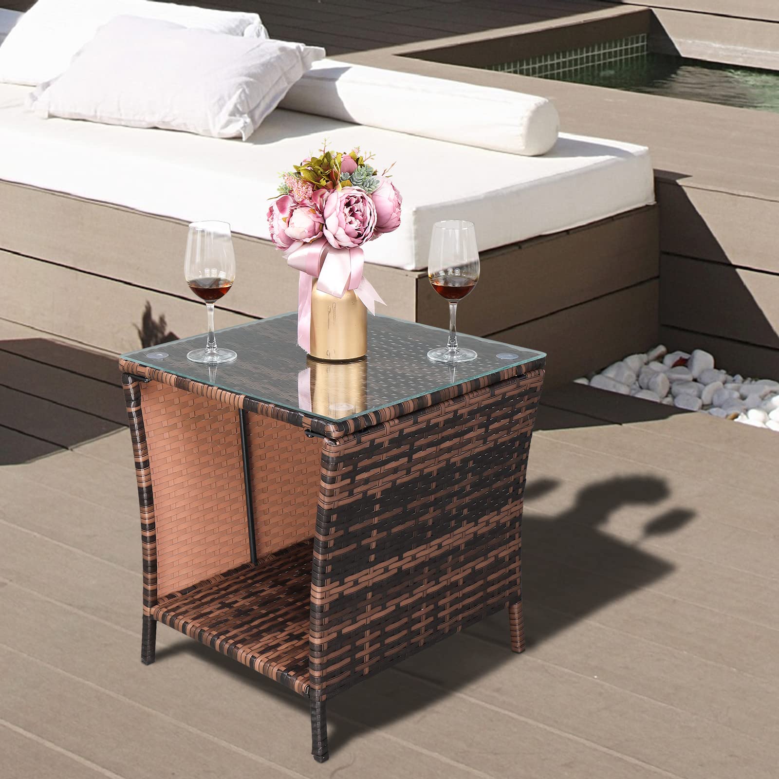 HomVent Wicker Side Table with Storage - Brown Outdoor Coffee Table for Patio & Garden