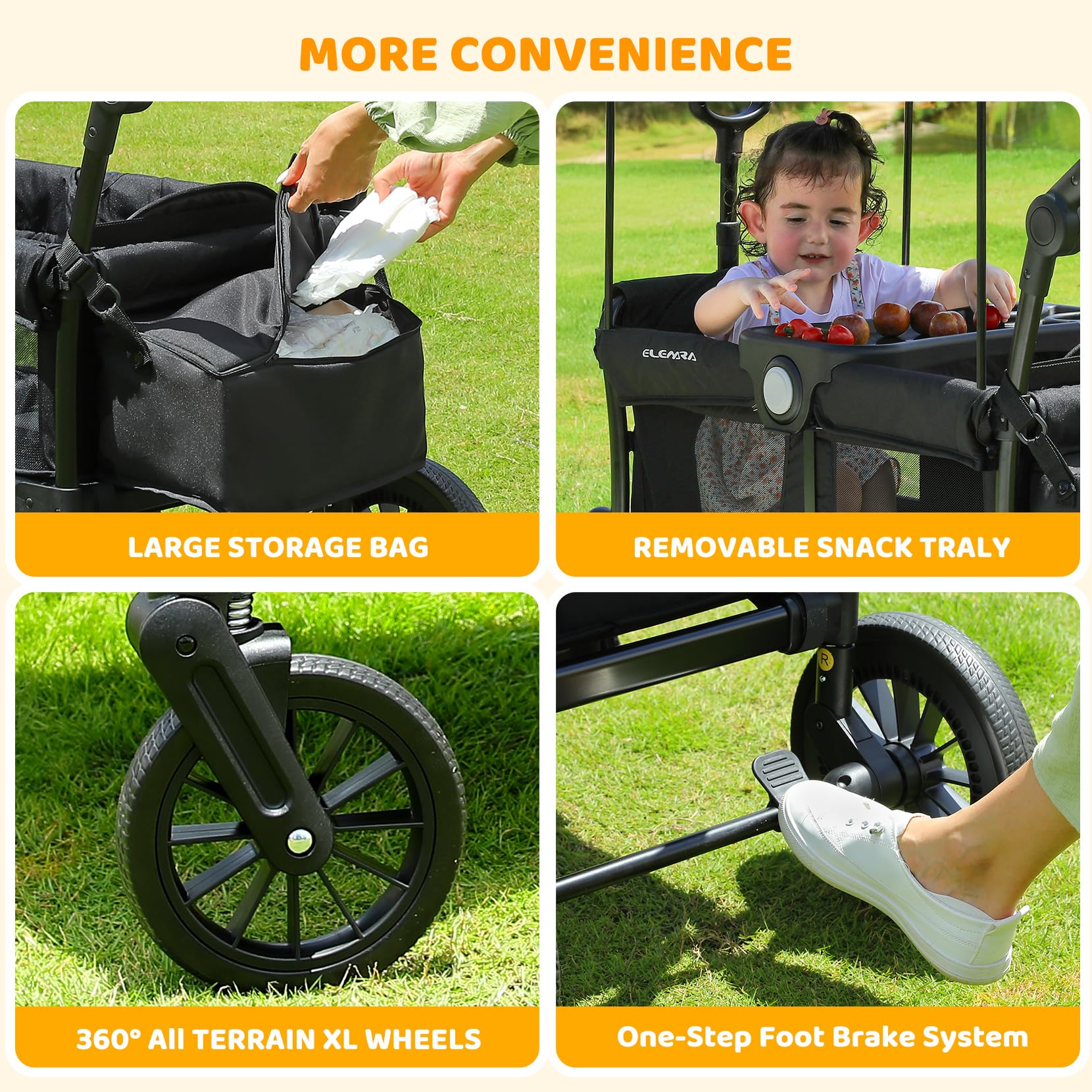 **ELEMARA 2-in-1 Foldable Stroller Wagon for Kids - All-Terrain Push & Pull Wagon with Removable Canopy, Adjustable Handle, Safety Harnesses & Large Storage Bag - Perfect for Beach, Park & Outdoor Adventures (Black)**